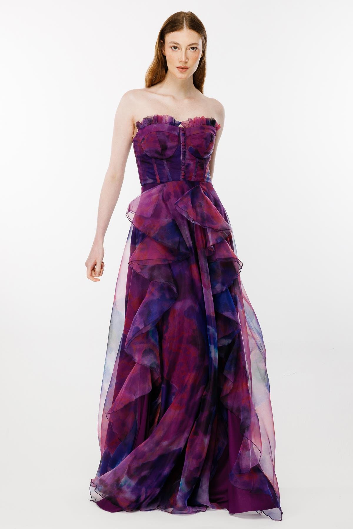 Eteği Volanlı Renk Geçişli Straplez Abiye-MOR