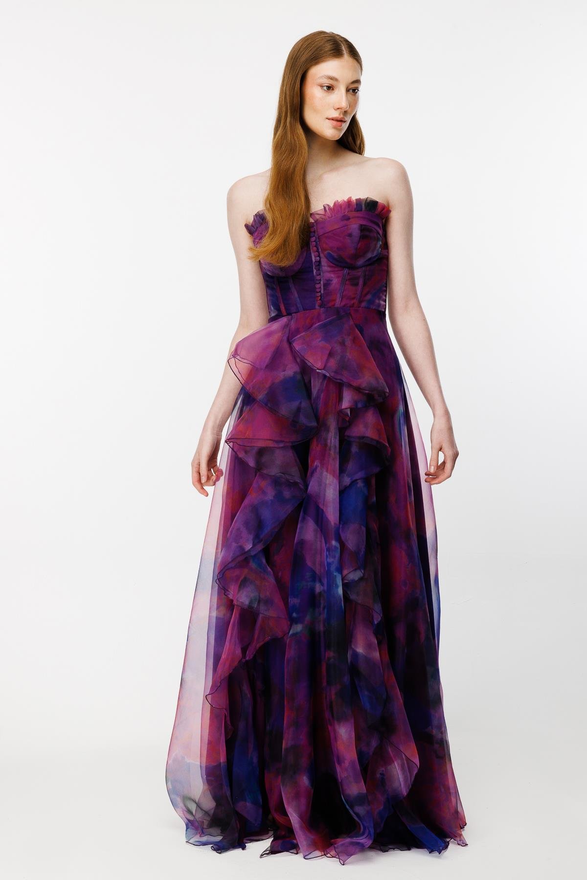 Eteği Volanlı Renk Geçişli Straplez Abiye-MOR