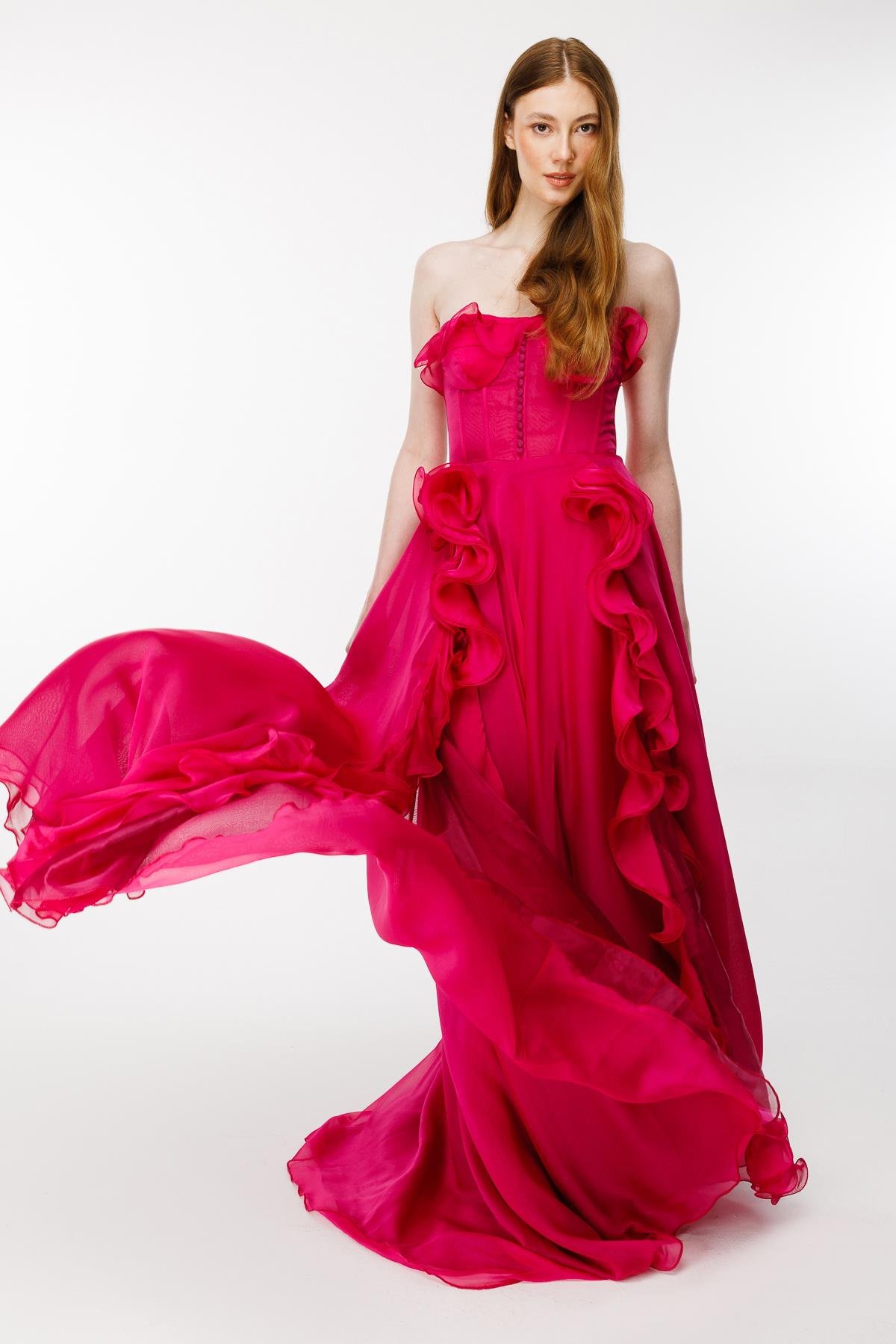 Eteği Volanlı Straplez Abiye-FUJYA