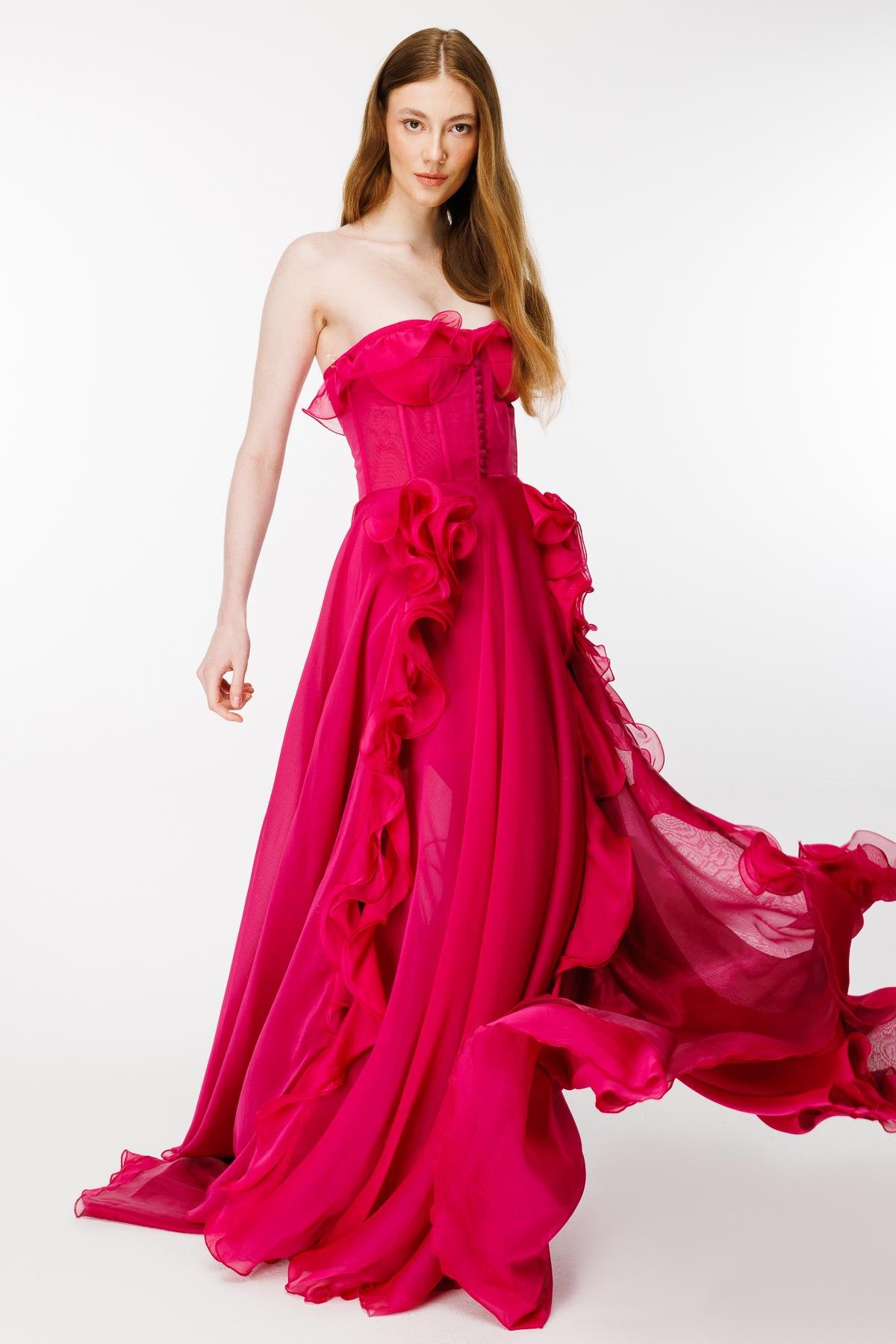 Eteği Volanlı Straplez Abiye-FUJYA