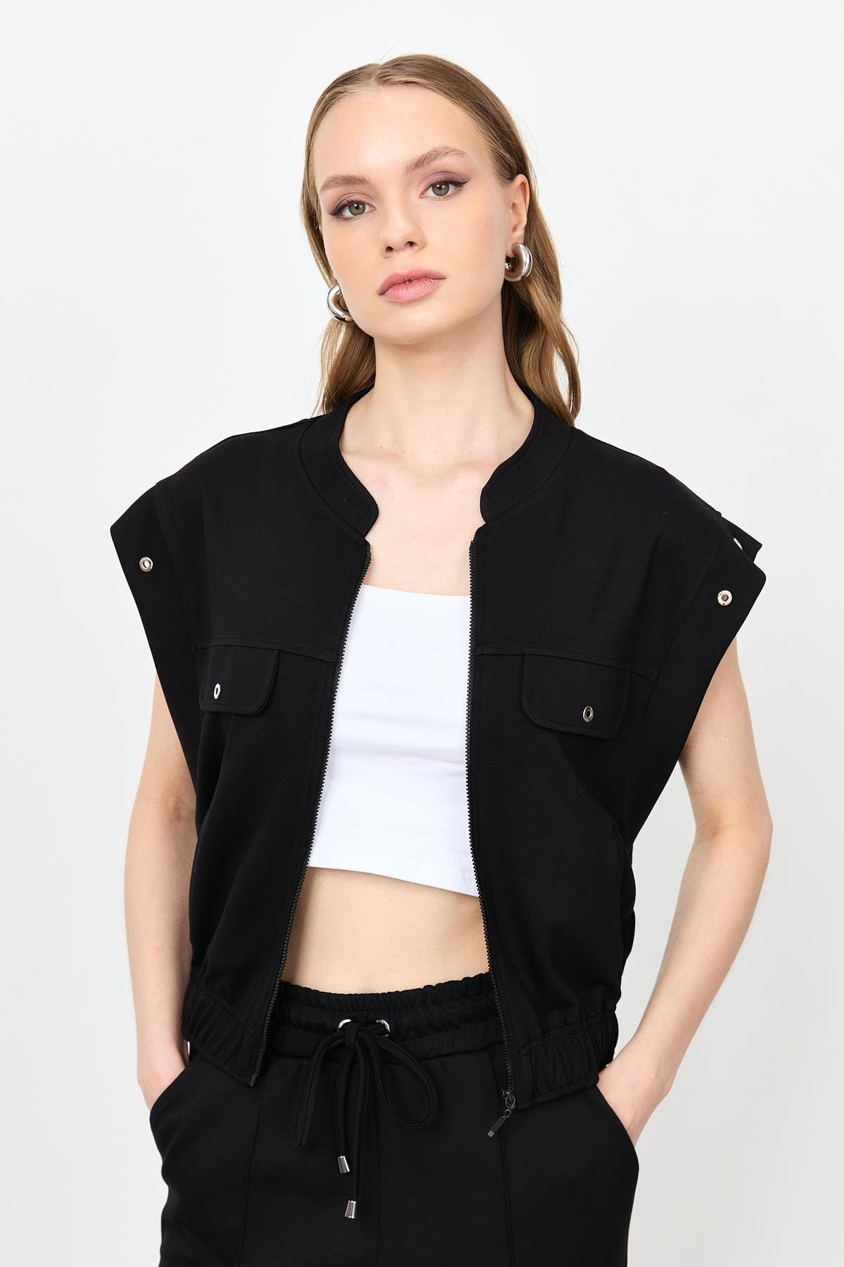 Fermuarlı Penye Yelek-SİYAH