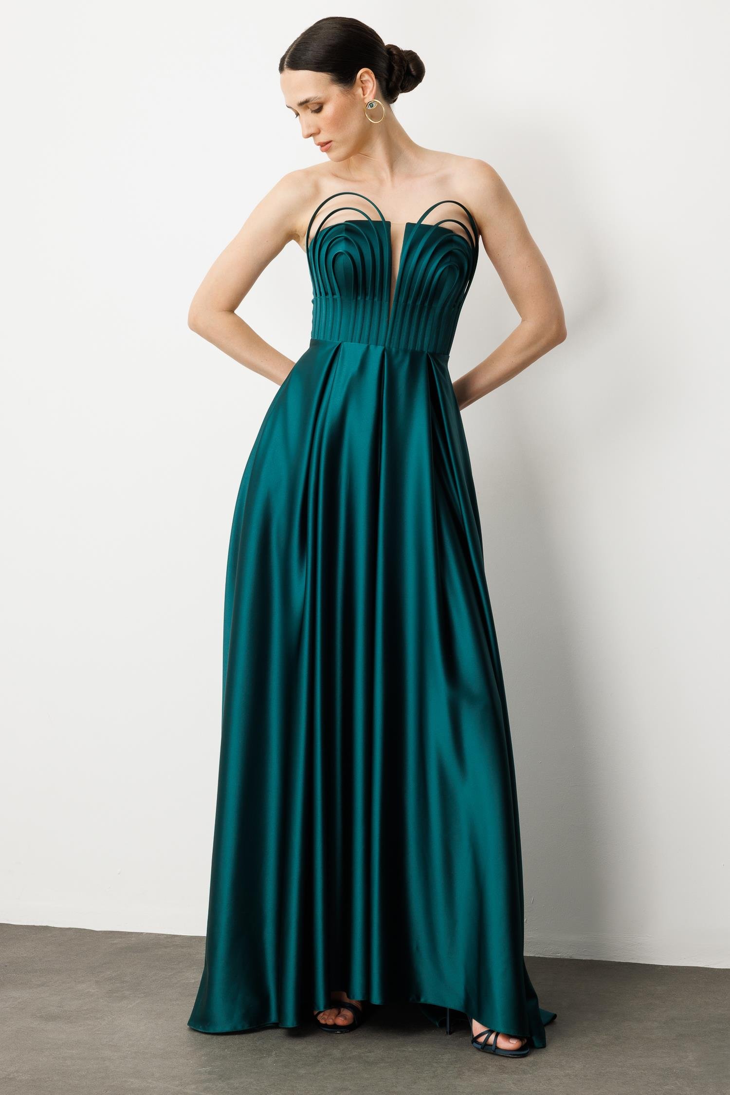 Göğüs Detaylı Abiye Elbise-ZÜMRÜT