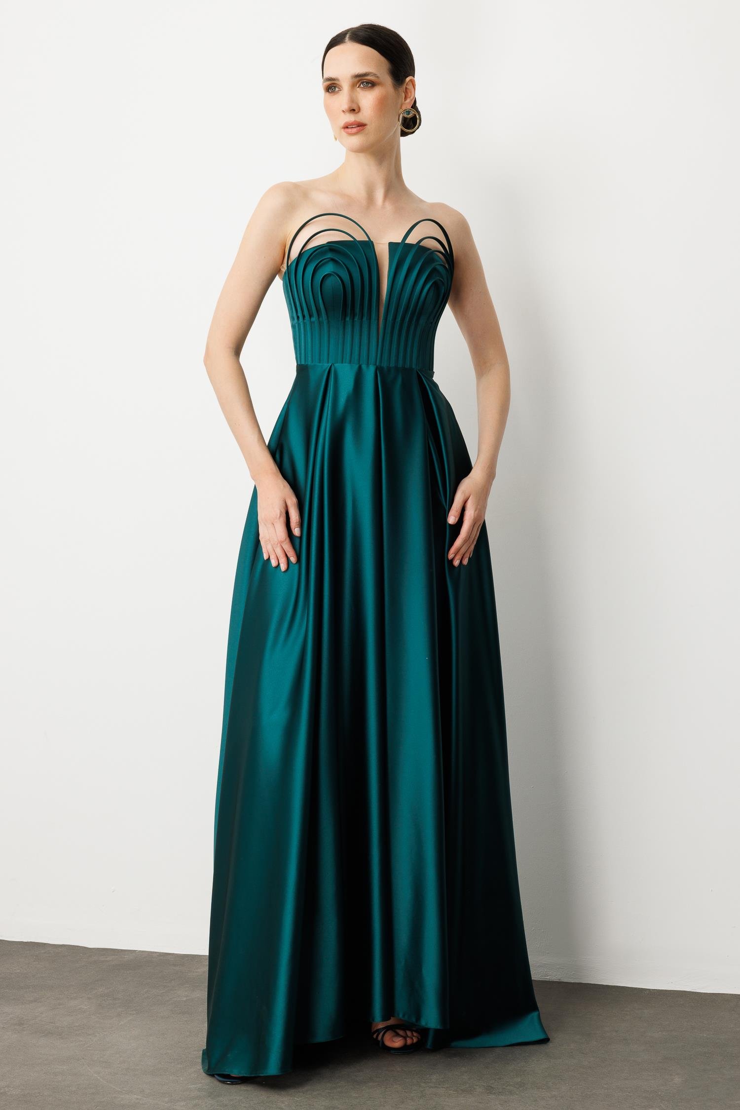 Göğüs Detaylı Abiye Elbise-ZÜMRÜT