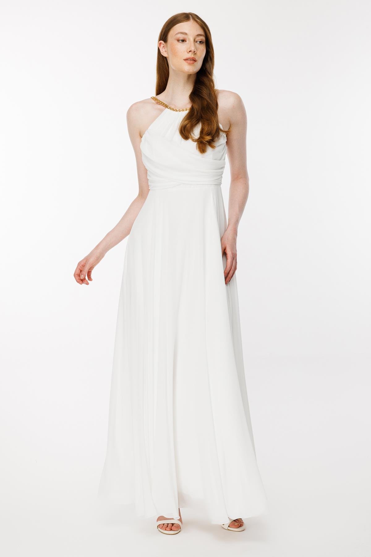 Gold Askılı Yırtmaçlı Şifon Abiye-EKRU