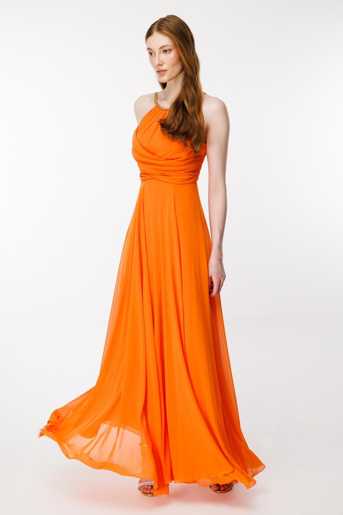 Gold Askılı Yırtmaçlı Şifon Abiye-ORANJE