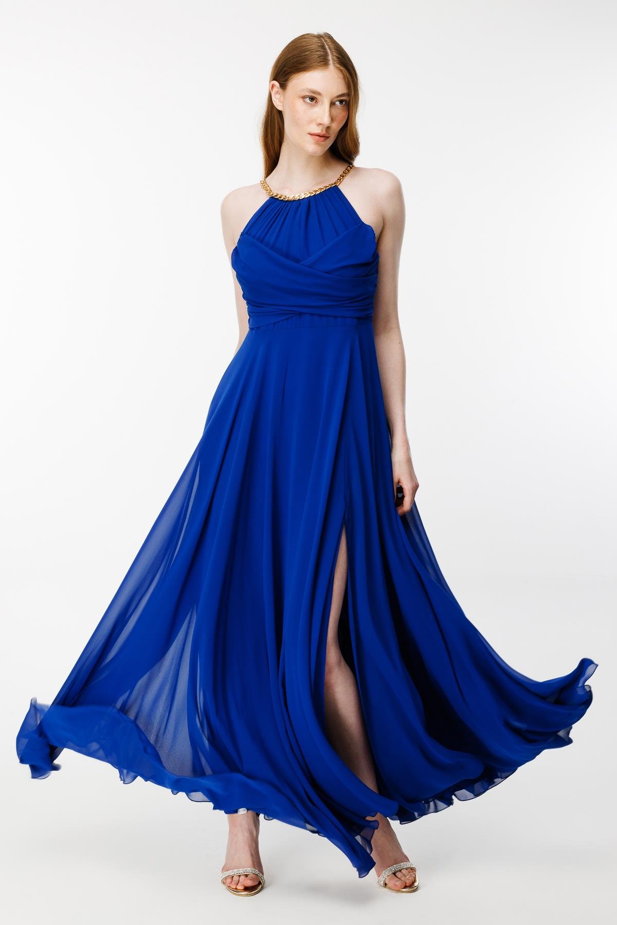 Gold Askılı Yırtmaçlı Şifon Abiye-SAX