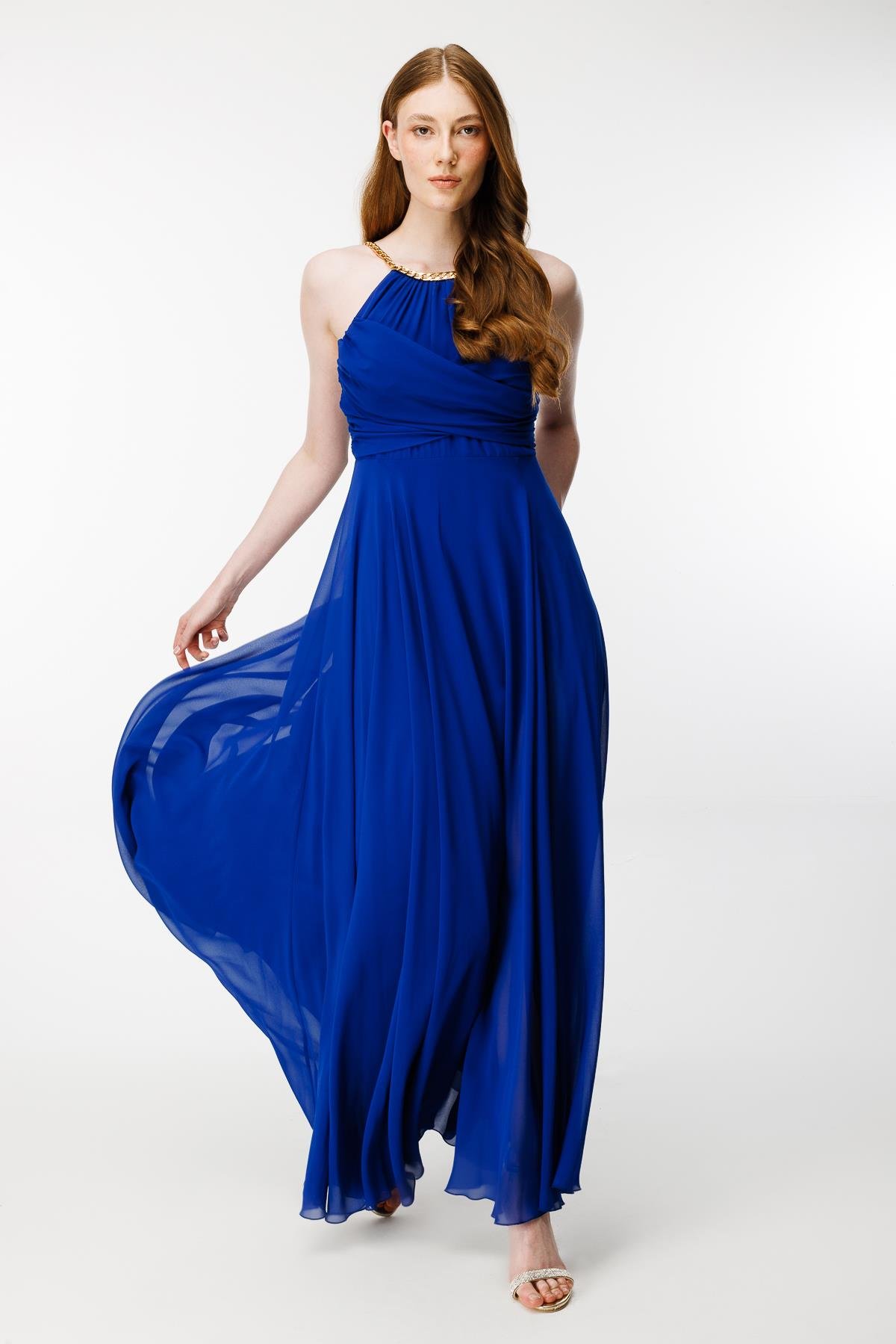 Gold Askılı Yırtmaçlı Şifon Abiye-SAX