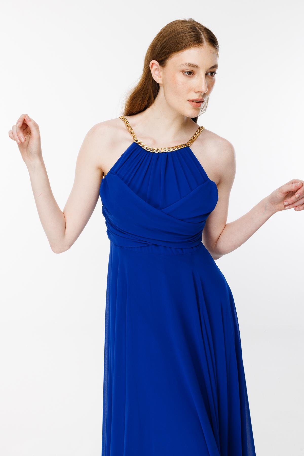 Gold Askılı Yırtmaçlı Şifon Abiye-SAX