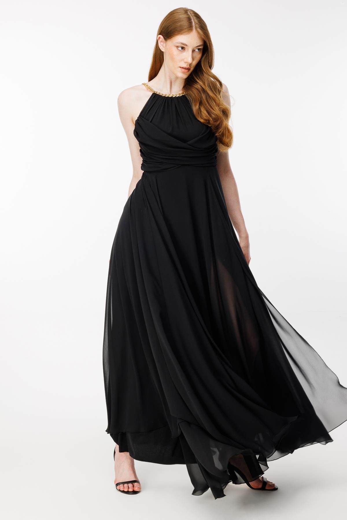 Gold Askılı Yırtmaçlı Şifon Abiye-SİYAH