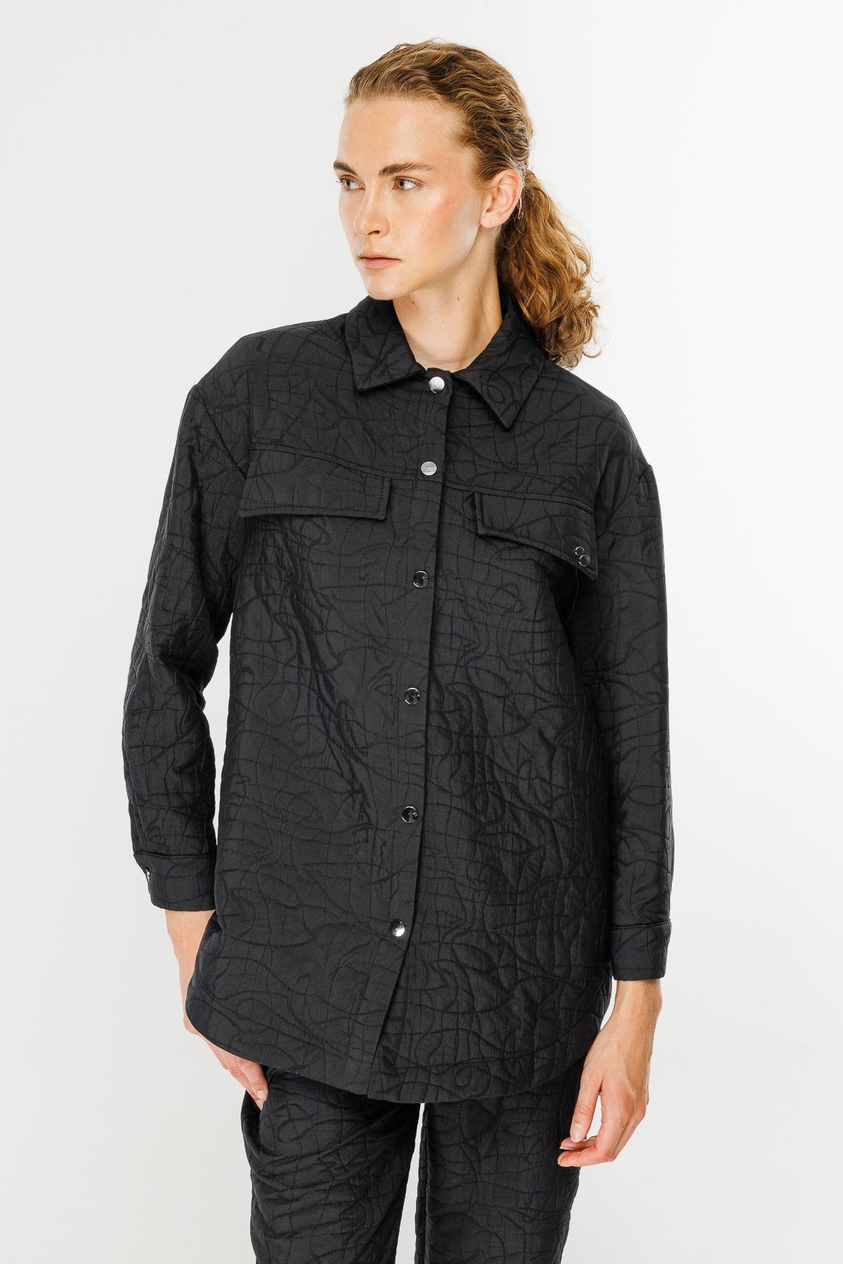 Gömlek Yaka Kapitone Kumaş Tunik-SİYAH