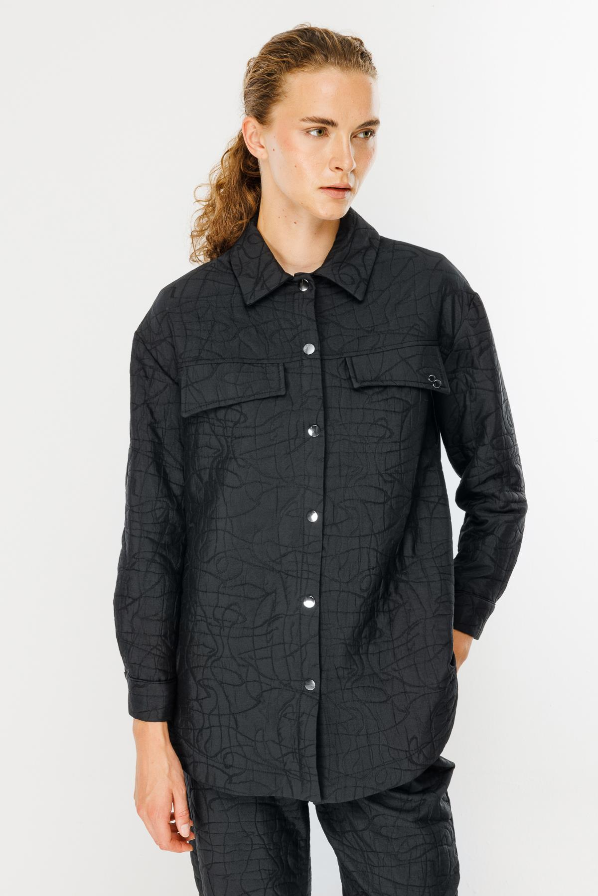 Gömlek Yaka Kapitone Kumaş Tunik-SİYAH