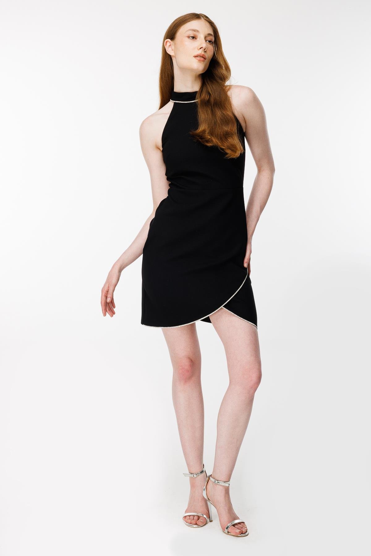 Taş Detaylı Kısa Abiye Elbise-SİYAH