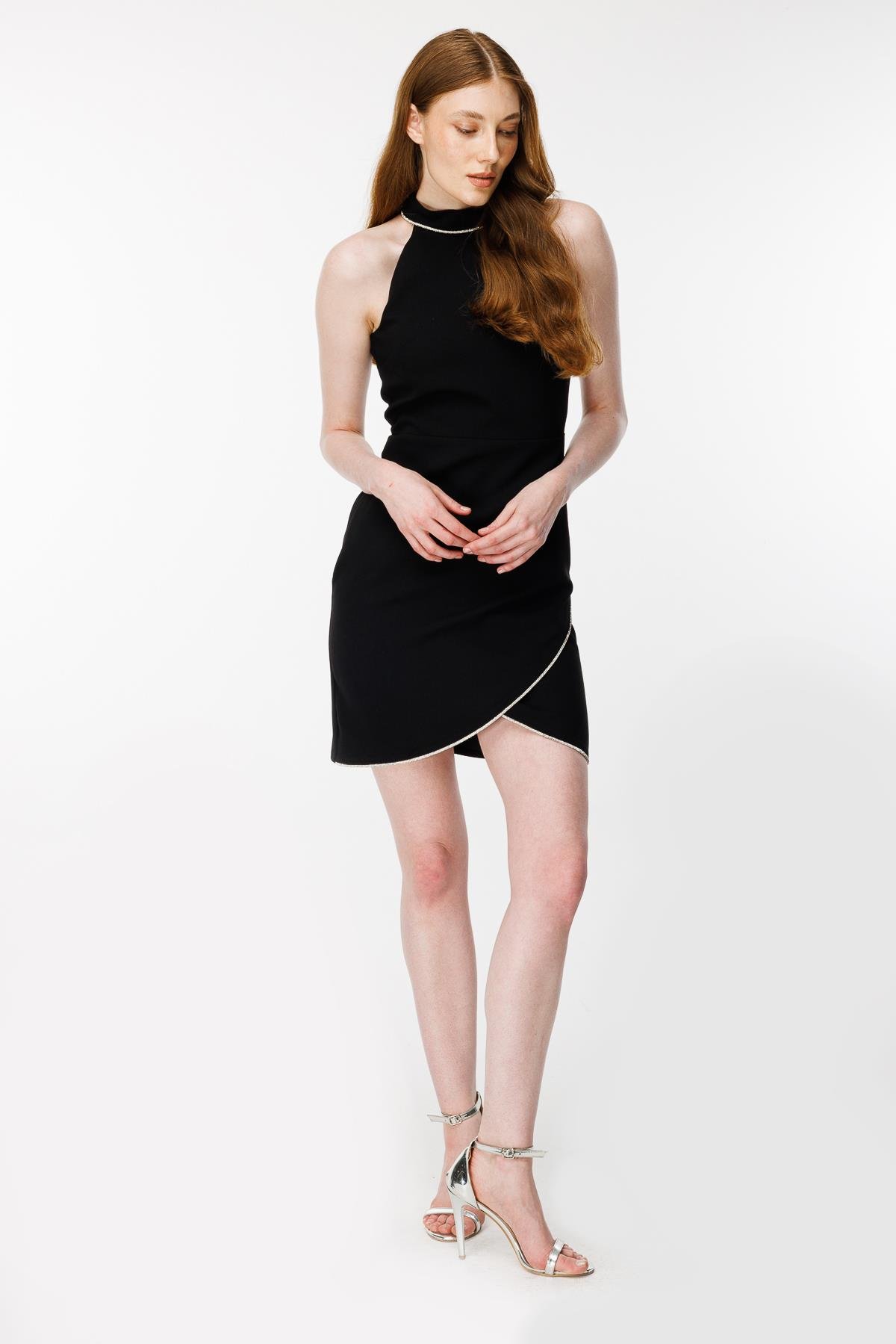 Taş Detaylı Kısa Abiye Elbise-SİYAH