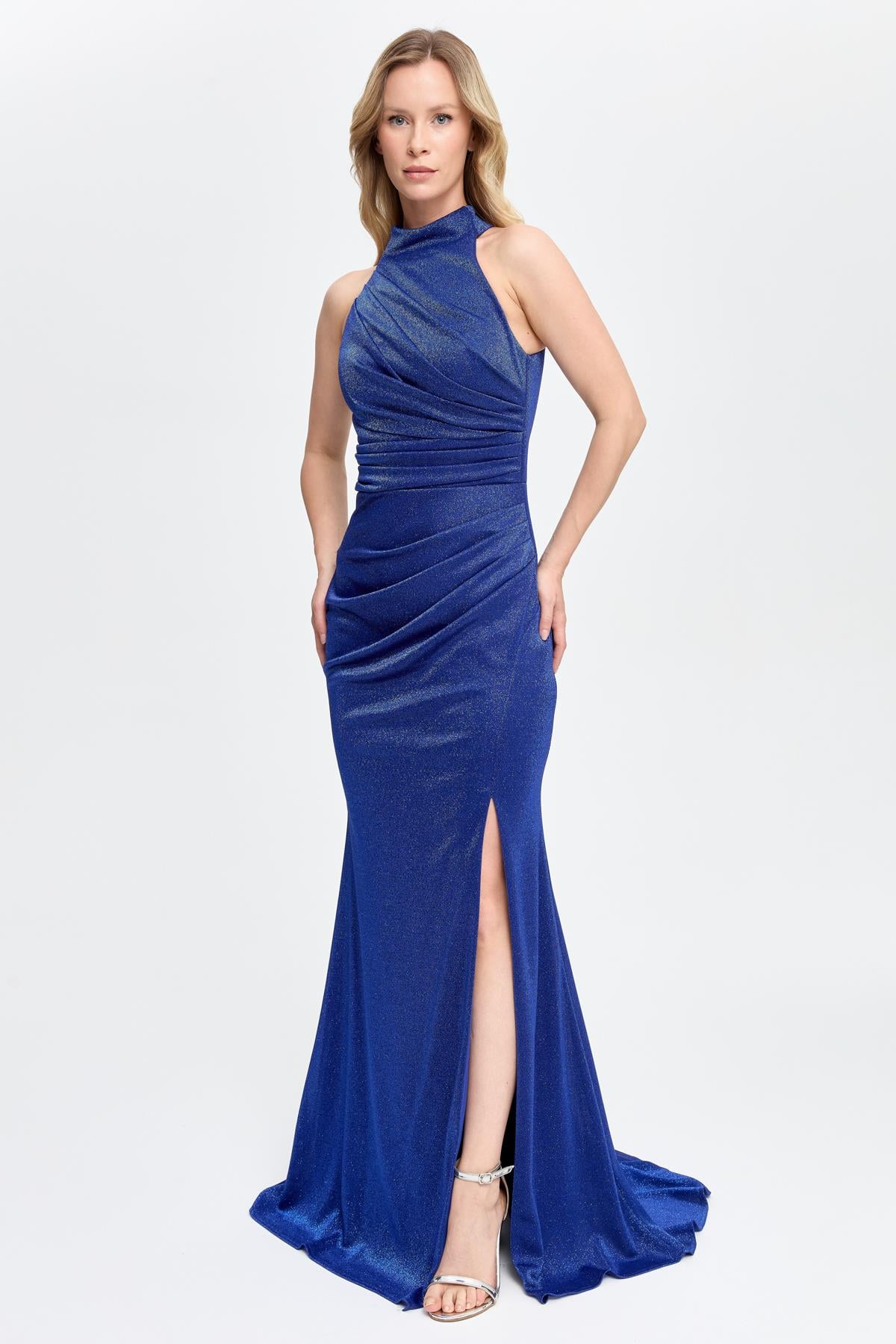 Halter Yaka Simli ve Drape Detaylı Uzun Abiye-SAX