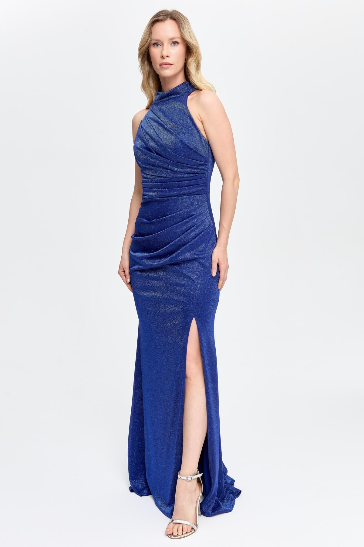 Halter Yaka Simli ve Drape Detaylı Uzun Abiye-SAX