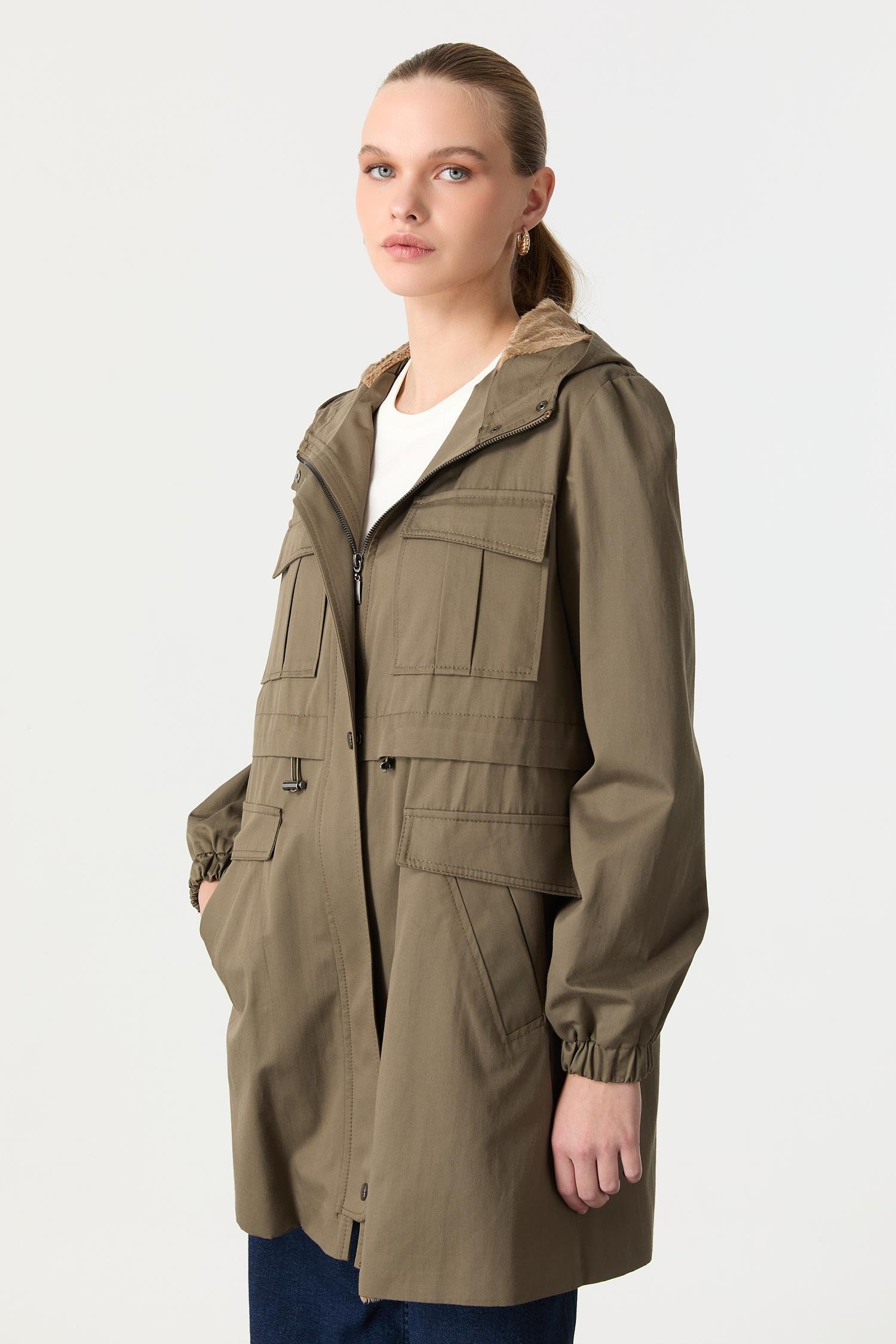 İçi Peluş Kapüşonlu Trenç-HAKİ