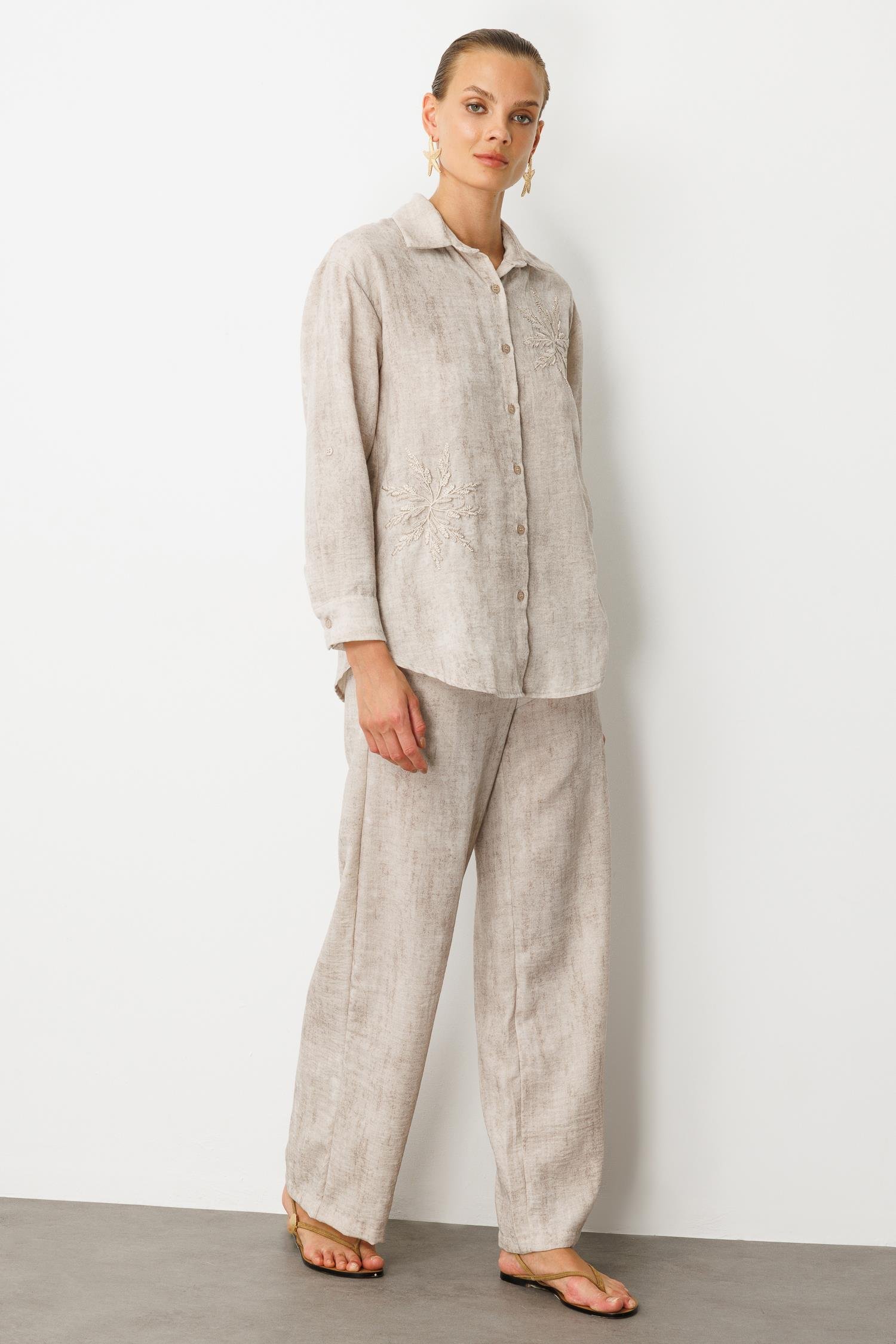 İşleme Detaylı Keten Görünüm Takım-VİZON