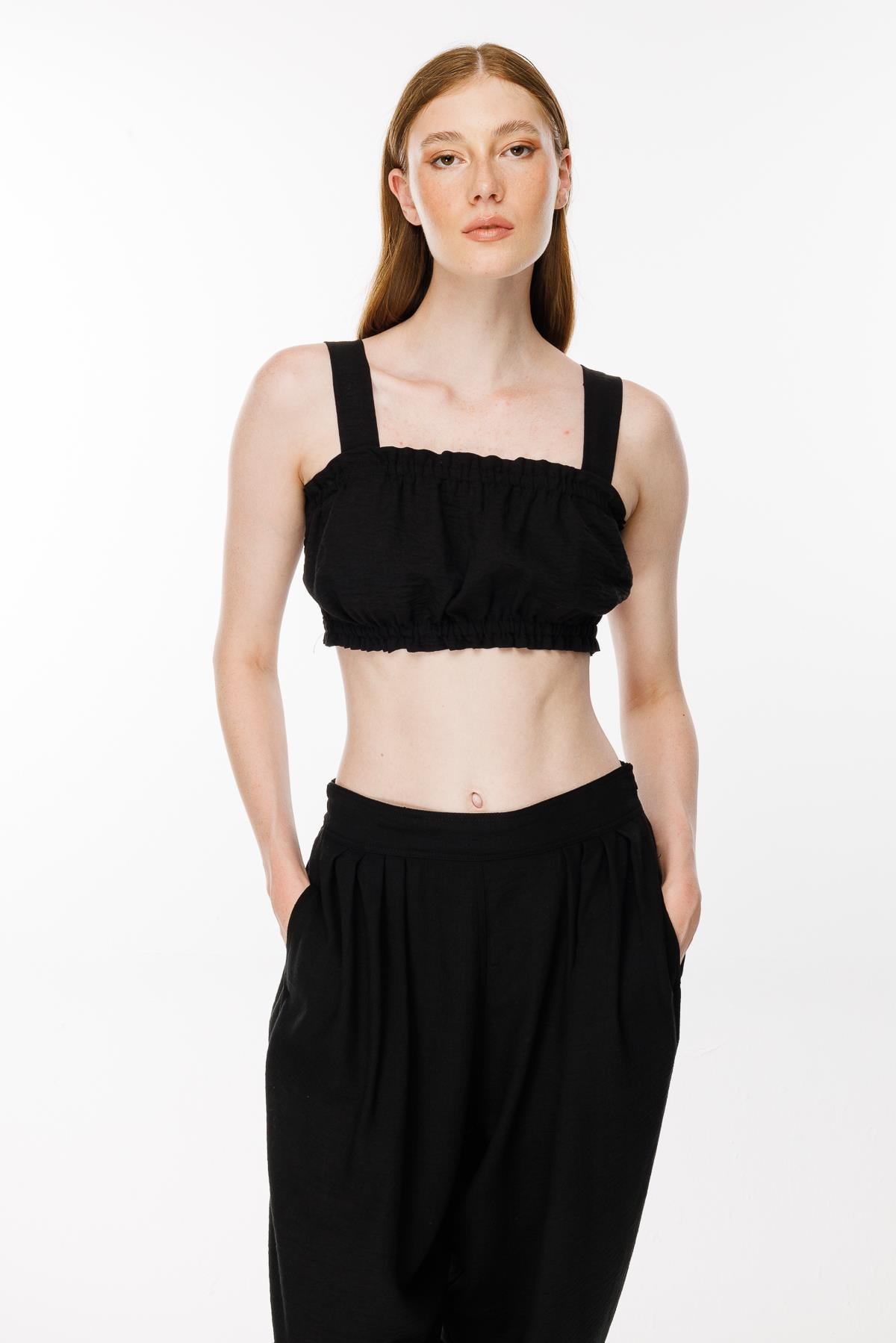 Kalın Askılı Keten Crop Bluz-SİYAH