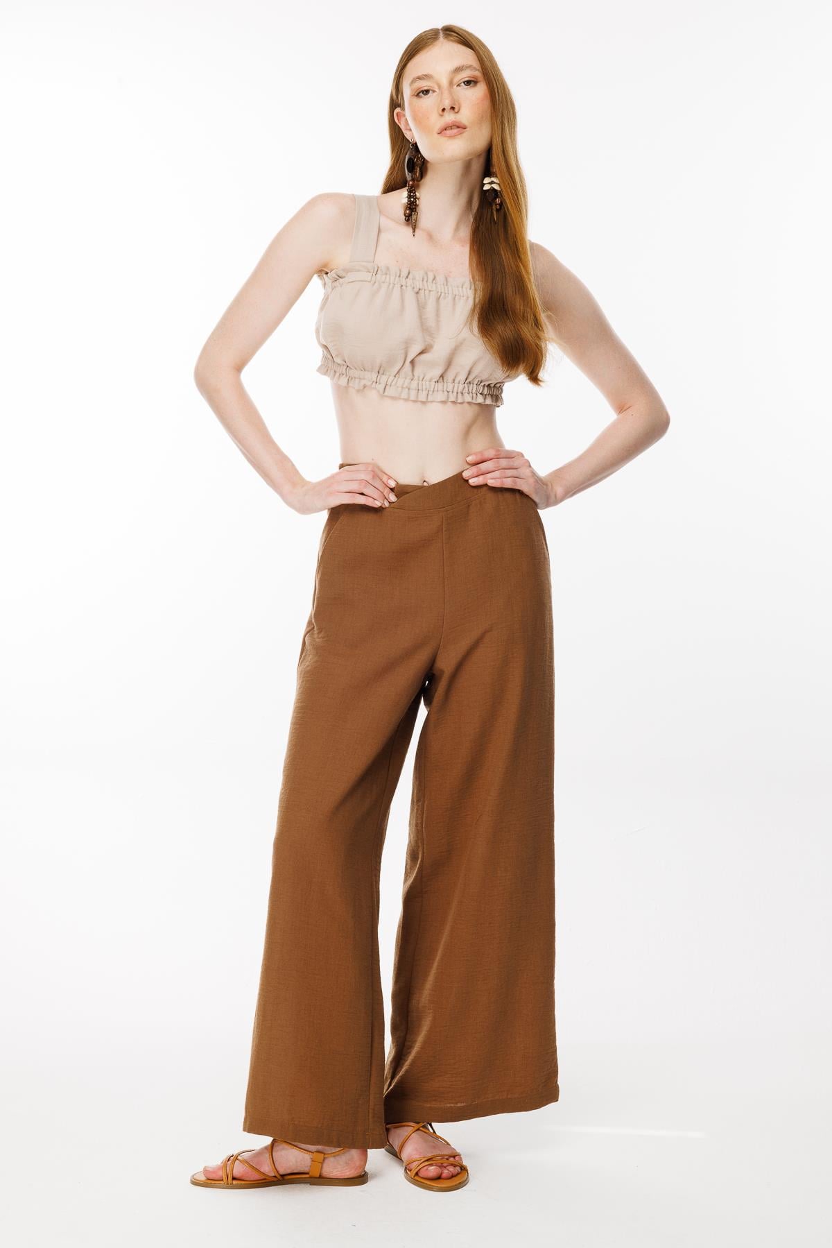 Kalın Askılı Keten Crop Bluz-TAŞ