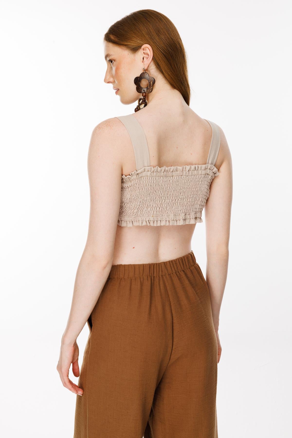 Kalın Askılı Keten Crop Bluz-TAŞ