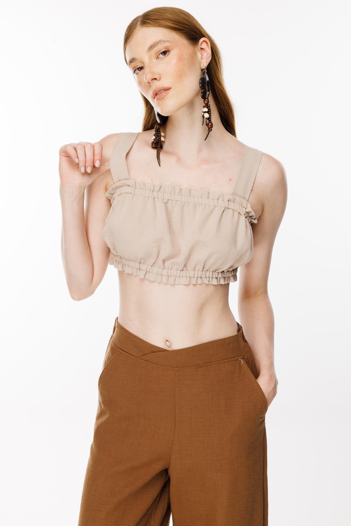 Kalın Askılı Keten Crop Bluz-TAŞ