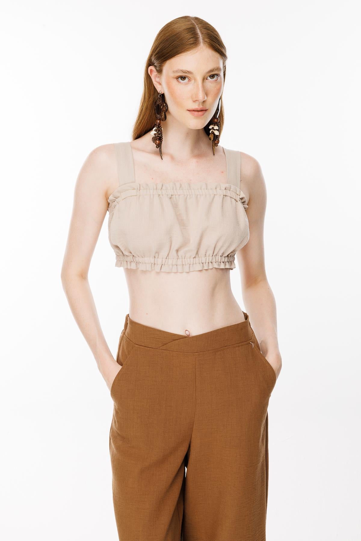 Kalın Askılı Keten Crop Bluz-TAŞ
