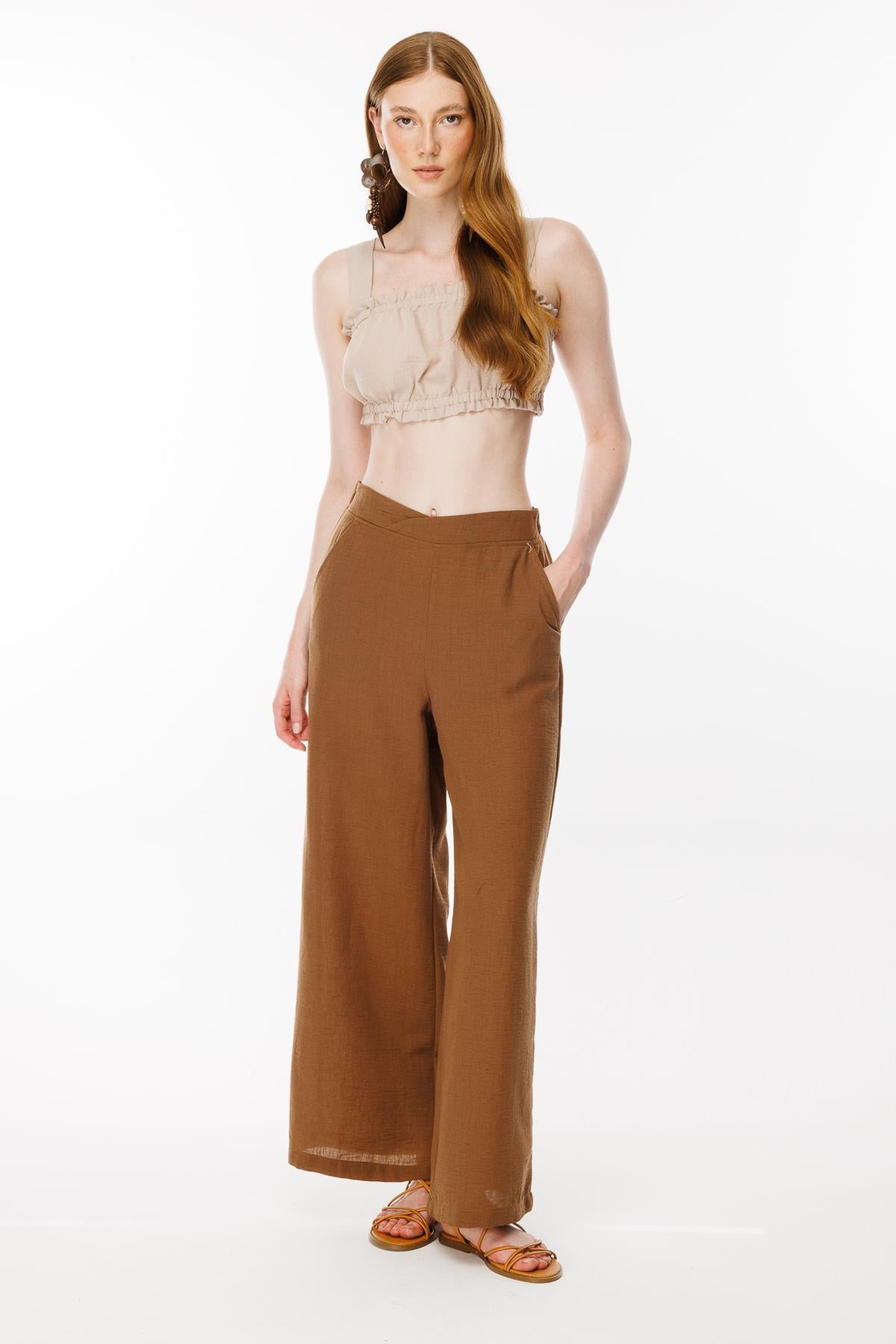 Kalın Askılı Keten Crop Bluz-TAŞ