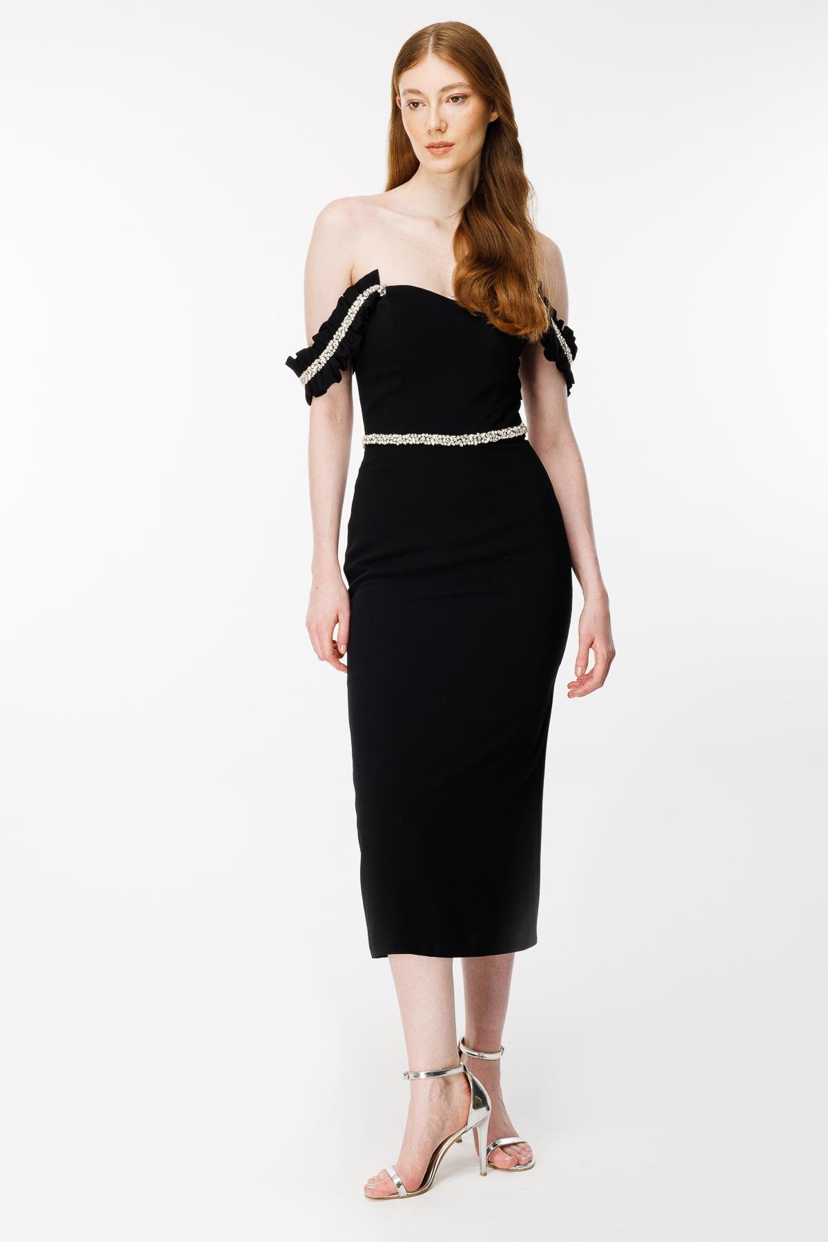 Kalın Askılı Taş İşlemeli Krep Abiye Elbise-SİYAH