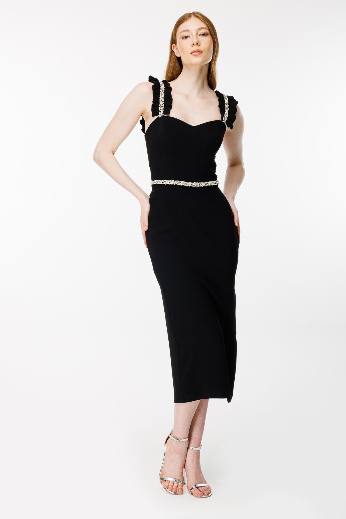 Kalın Askılı Taş İşlemeli Krep Abiye Elbise-SİYAH