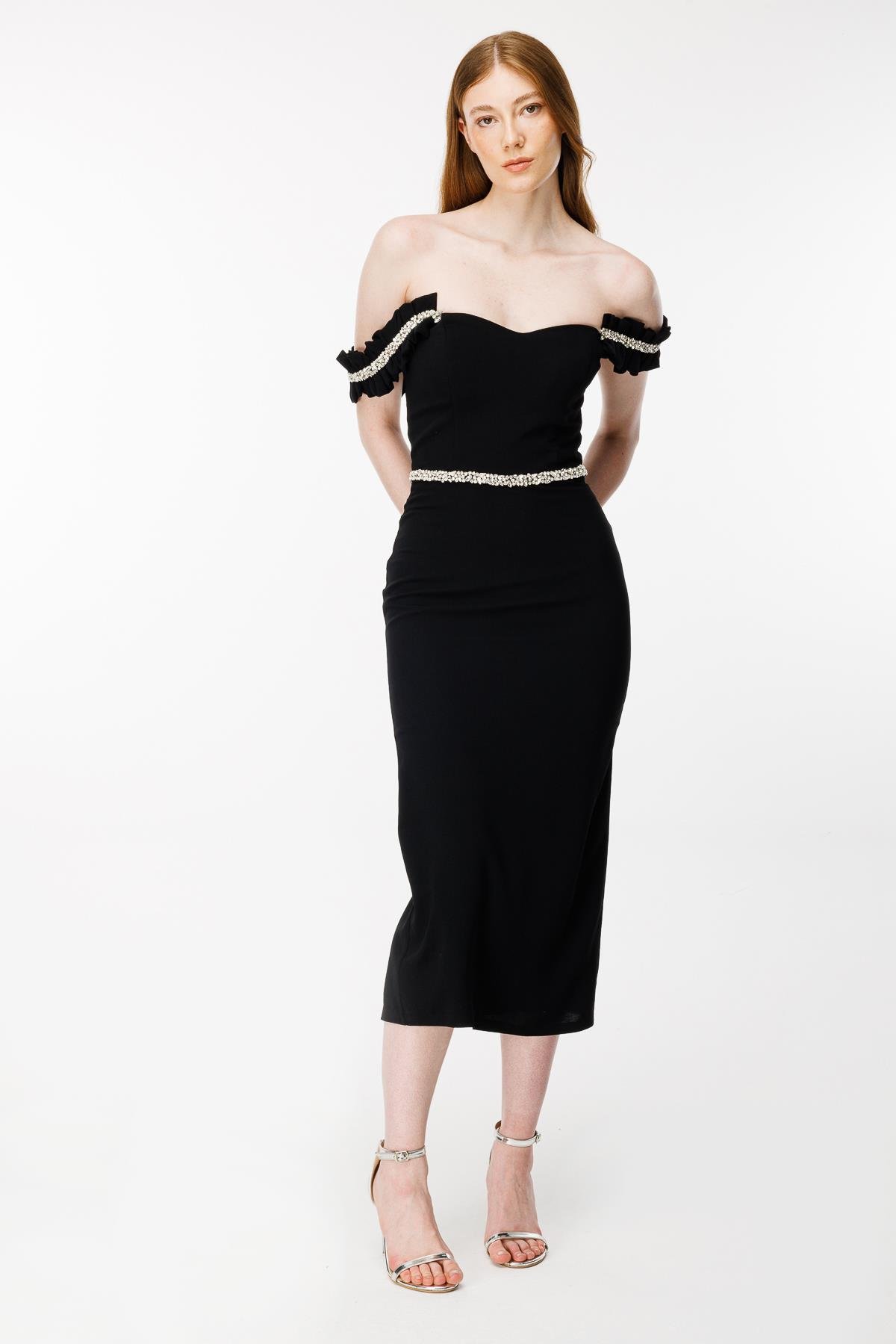 Kalın Askılı Taş İşlemeli Krep Abiye Elbise-SİYAH