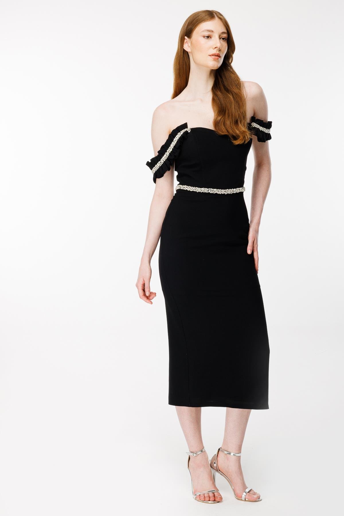 Kalın Askılı Taş İşlemeli Krep Abiye Elbise-SİYAH