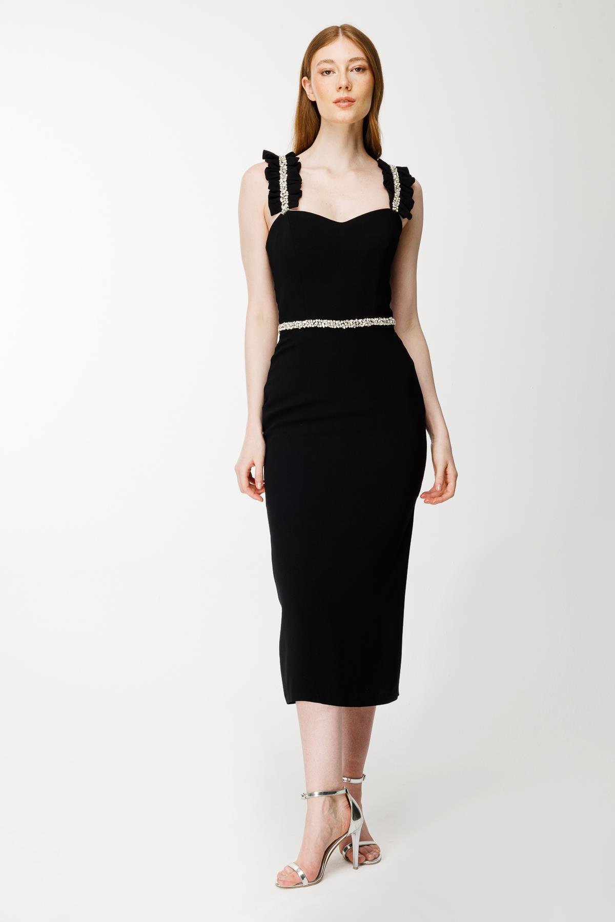 Kalın Askılı Taş İşlemeli Krep Abiye Elbise-SİYAH