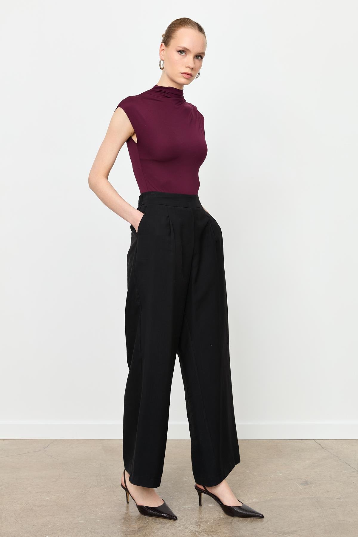 Kalın Pile Beli Lastikli Pantolon-SİYAH