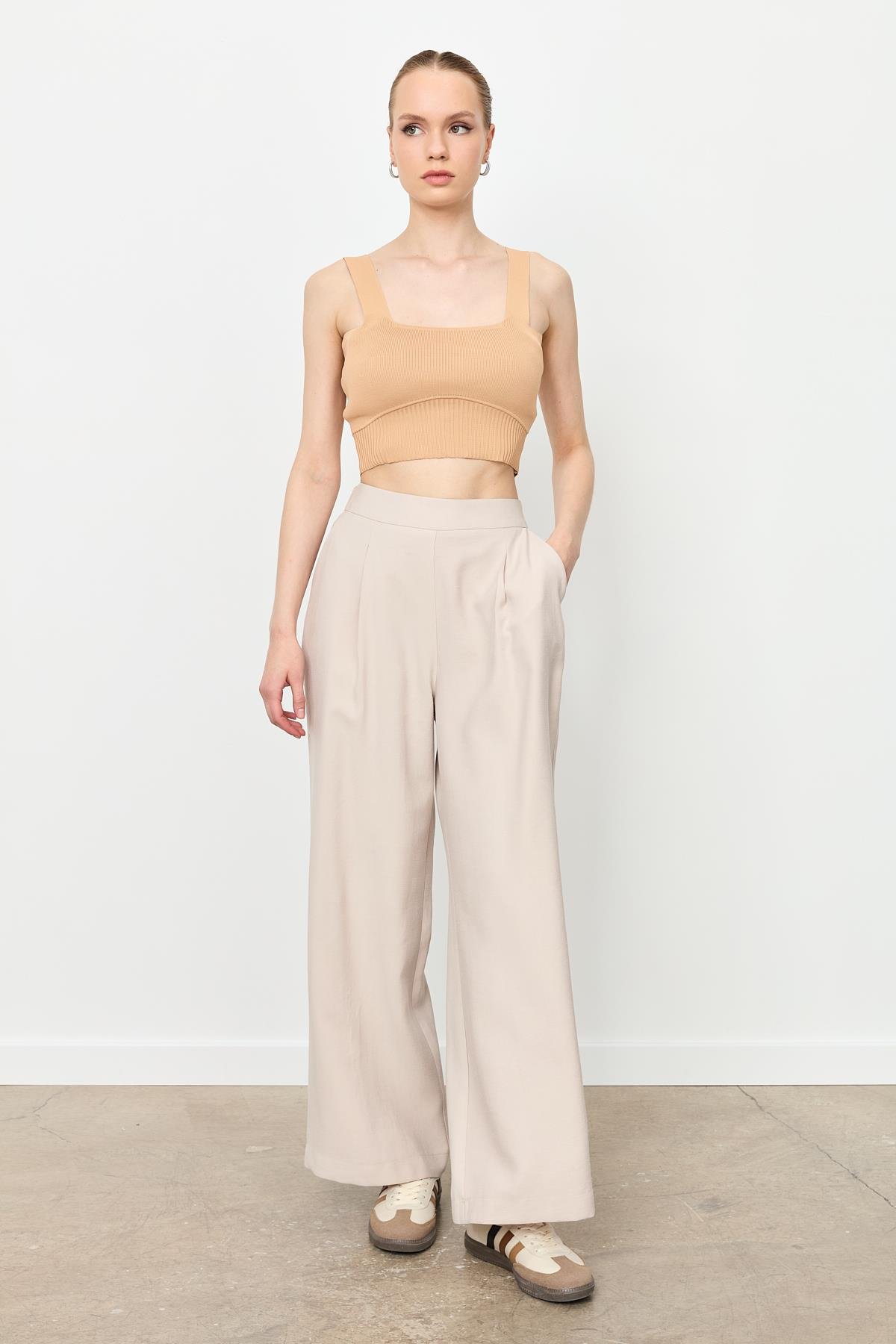 Kalın Pile Beli Lastikli Pantolon-TAŞ