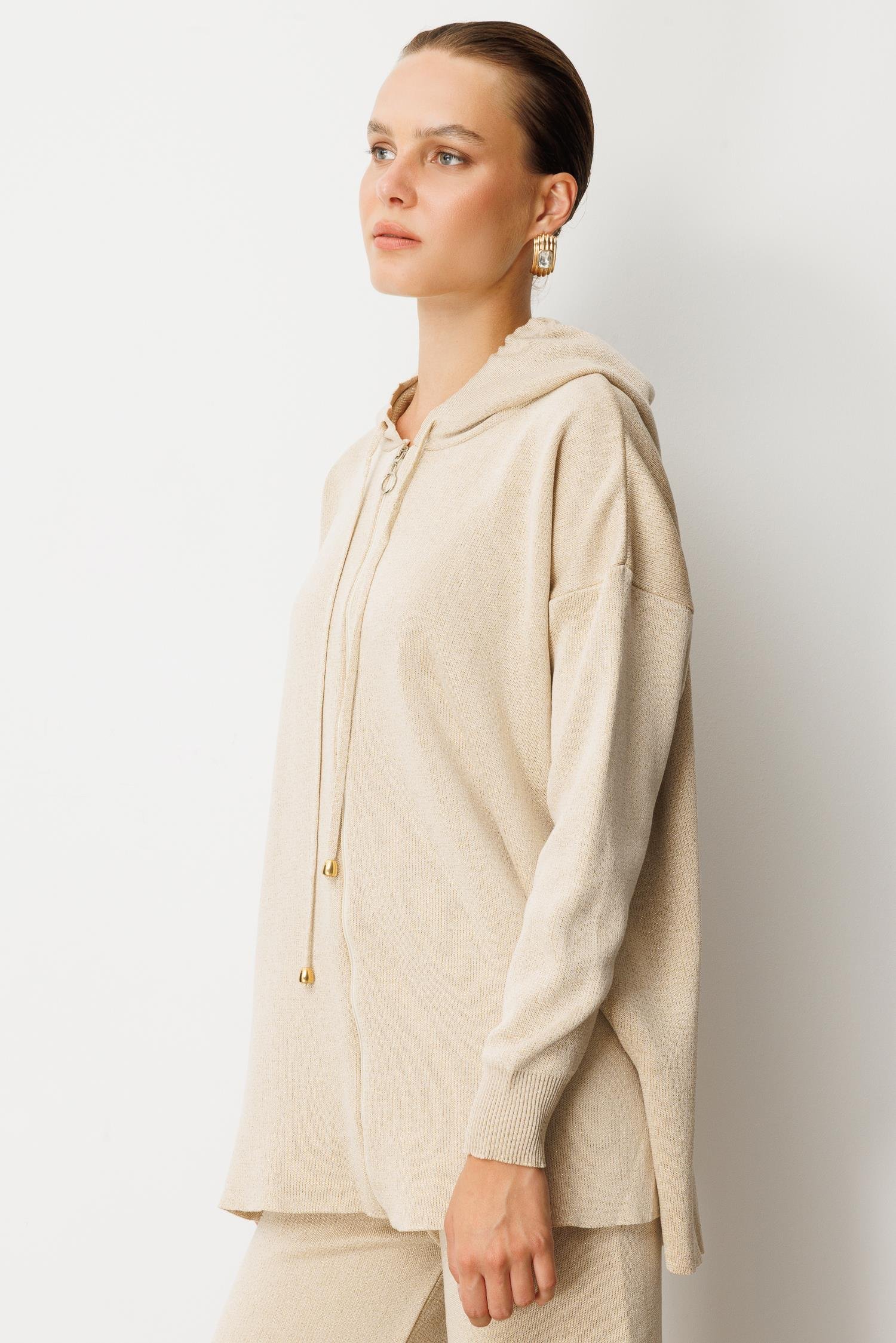 Kapüşon Detay Simli Triko Takım-BEJ