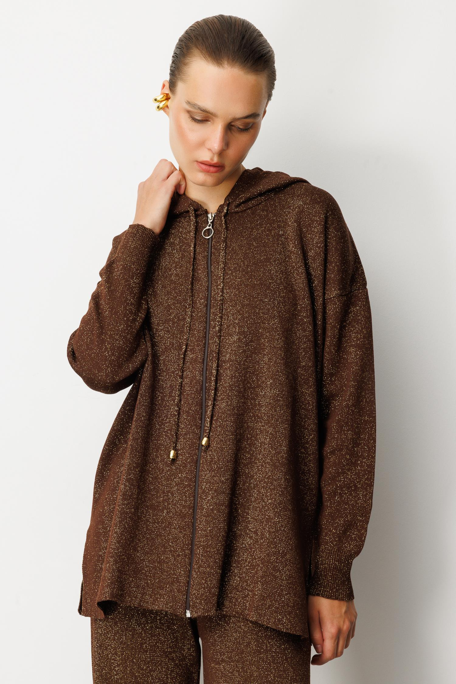 Kapüşon Detay Simli Triko Takım-KAHVE