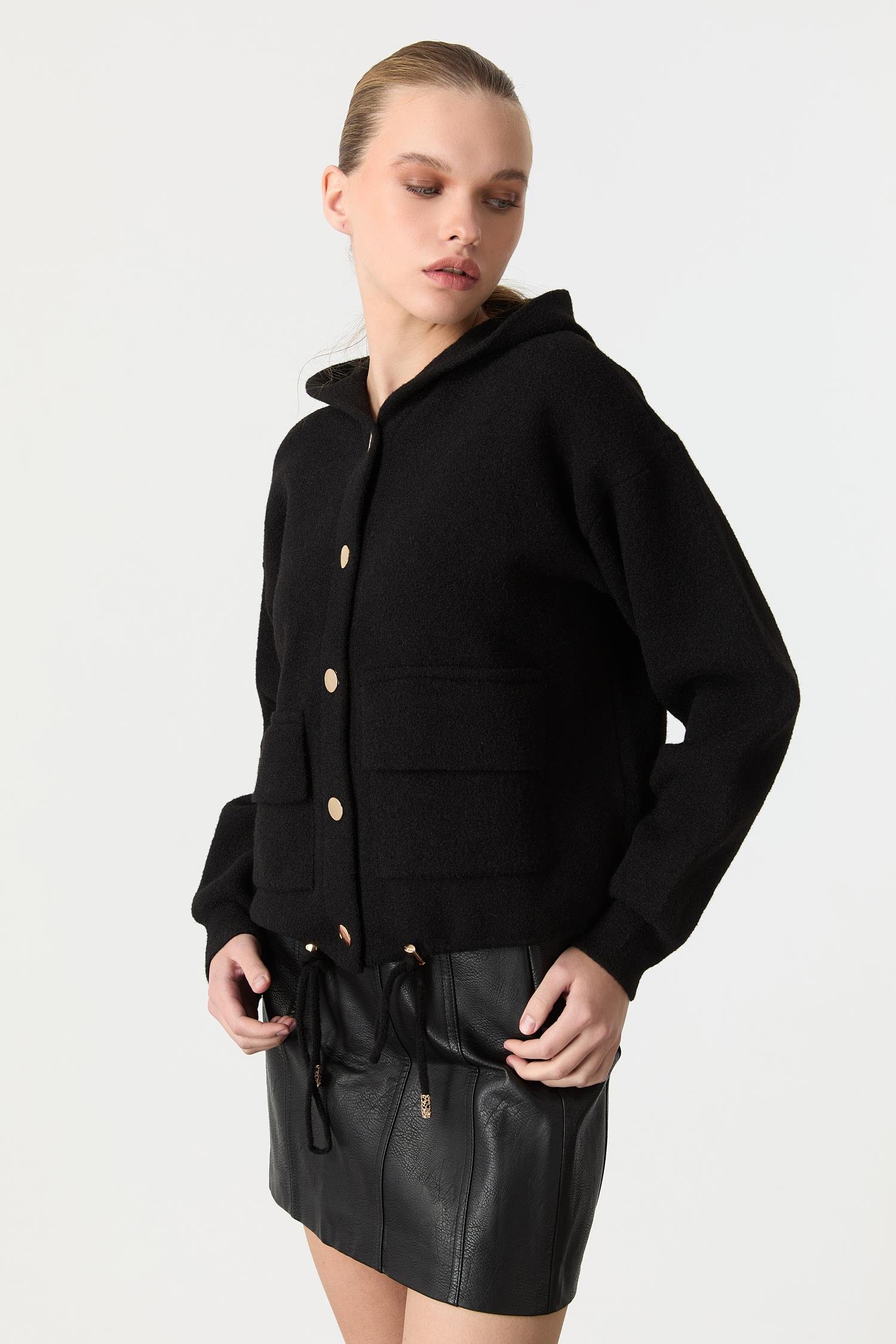 Kapüşon Detaylı Peluş Hırka-SİYAH