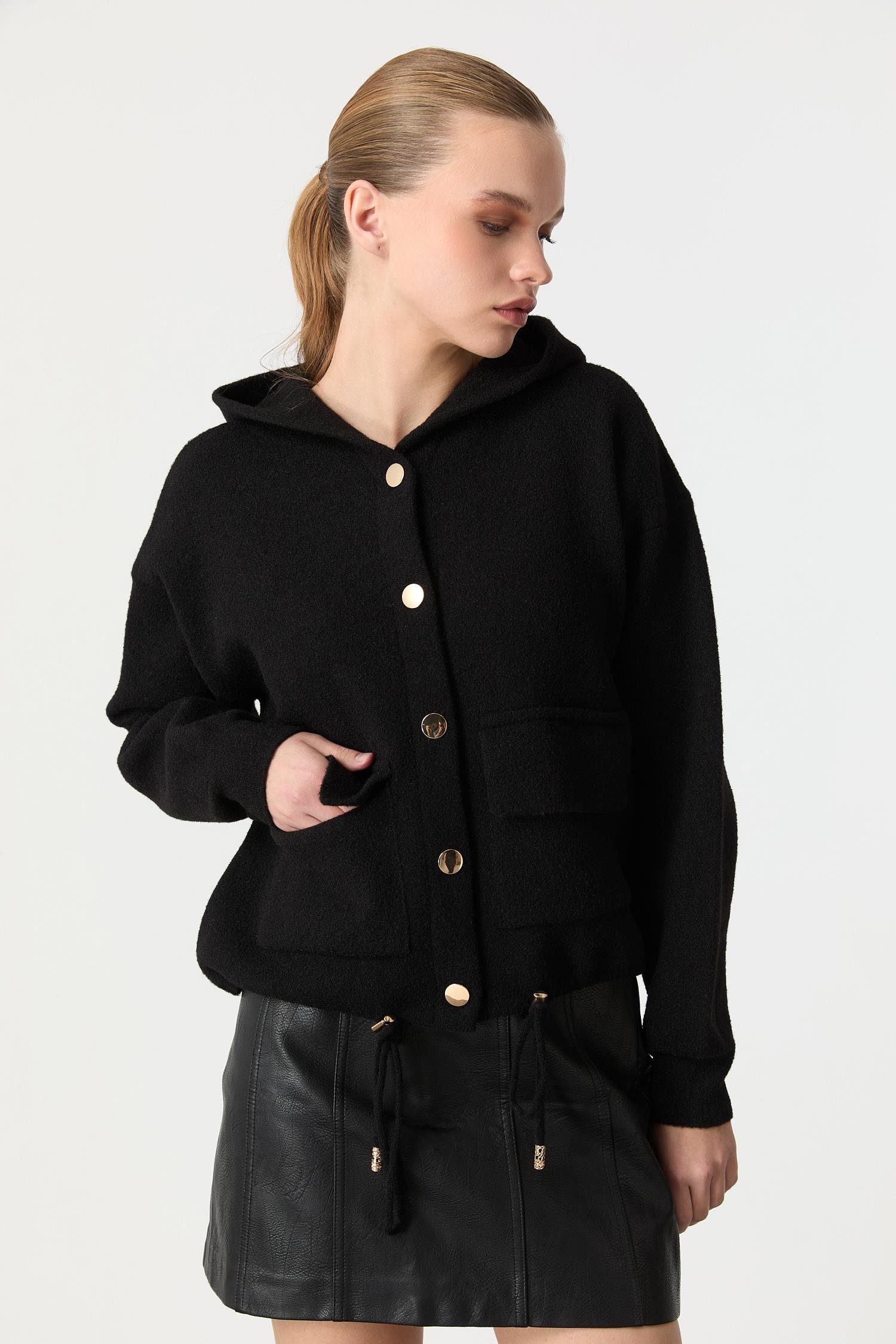 Kapüşon Detaylı Peluş Hırka-SİYAH