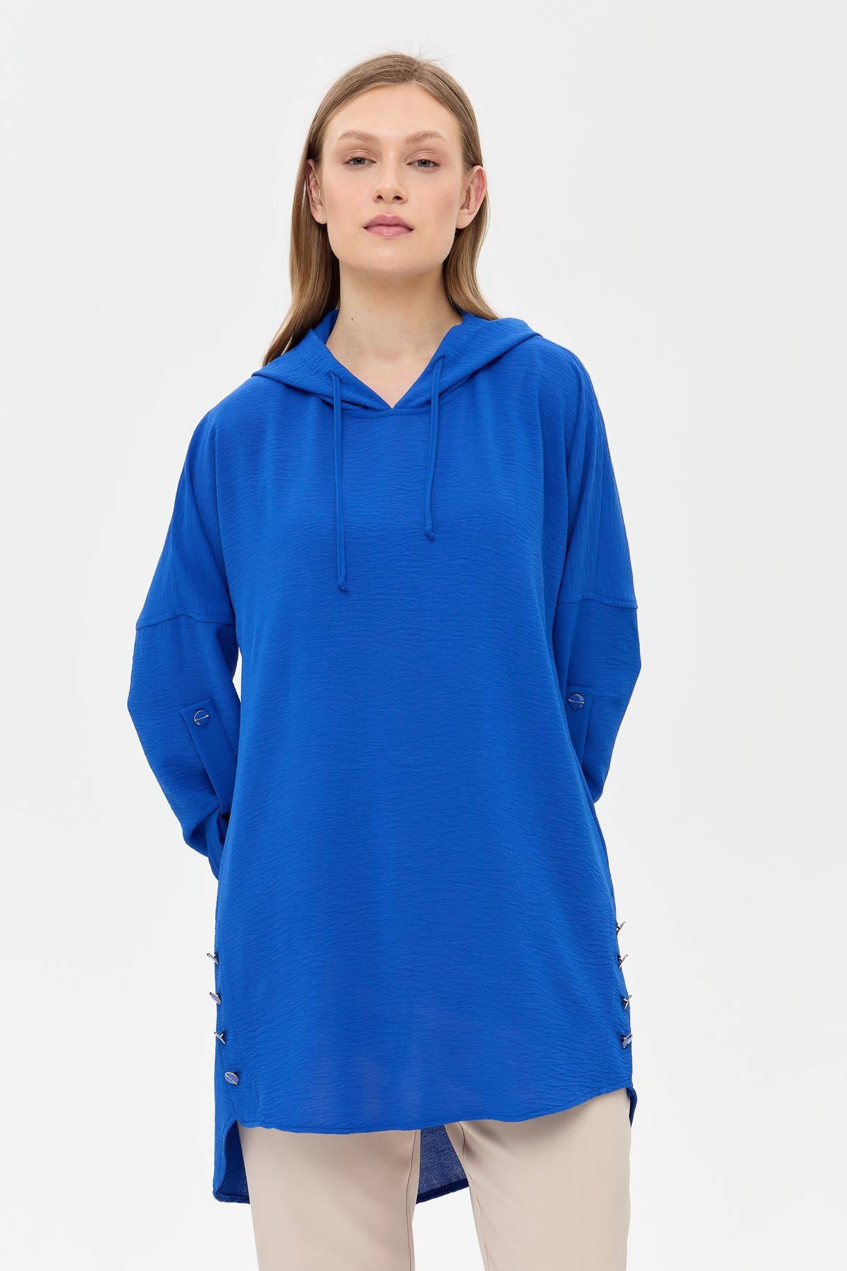 Kapüşonlu Düğme Detaylı Tunik-SAX