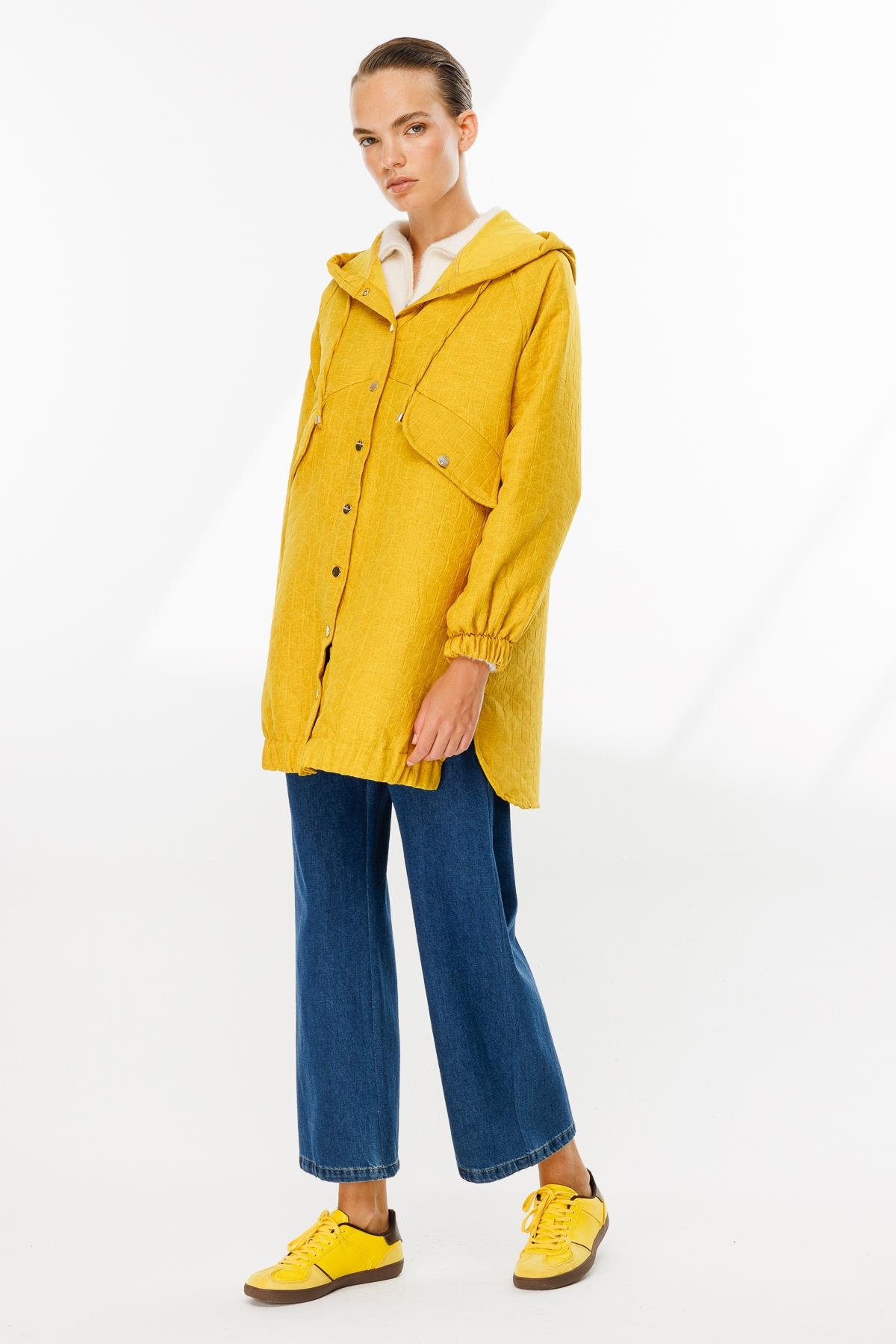 Kapüşonlu Kapitone Desen Spor Ceket-SAFRAN