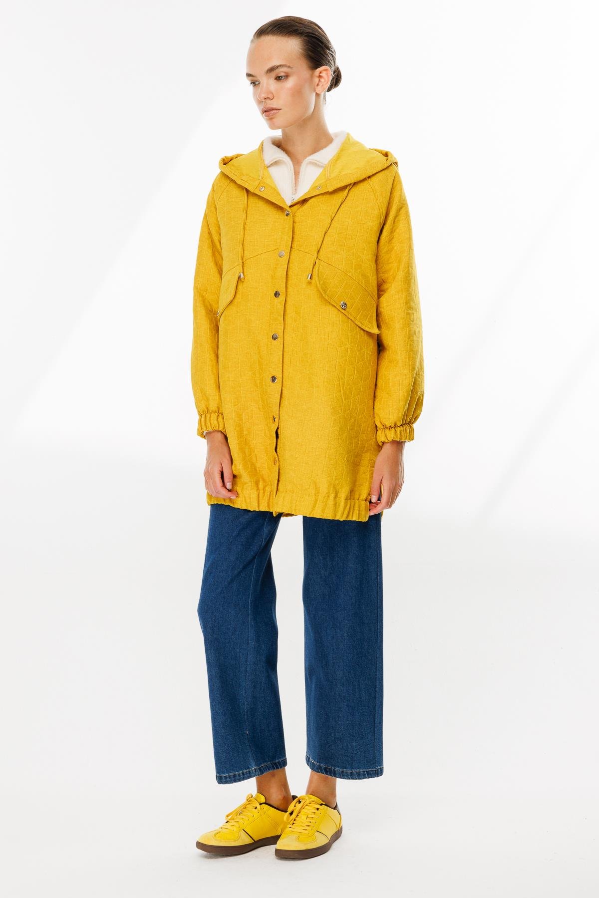 Kapüşonlu Kapitone Desen Spor Ceket-SAFRAN