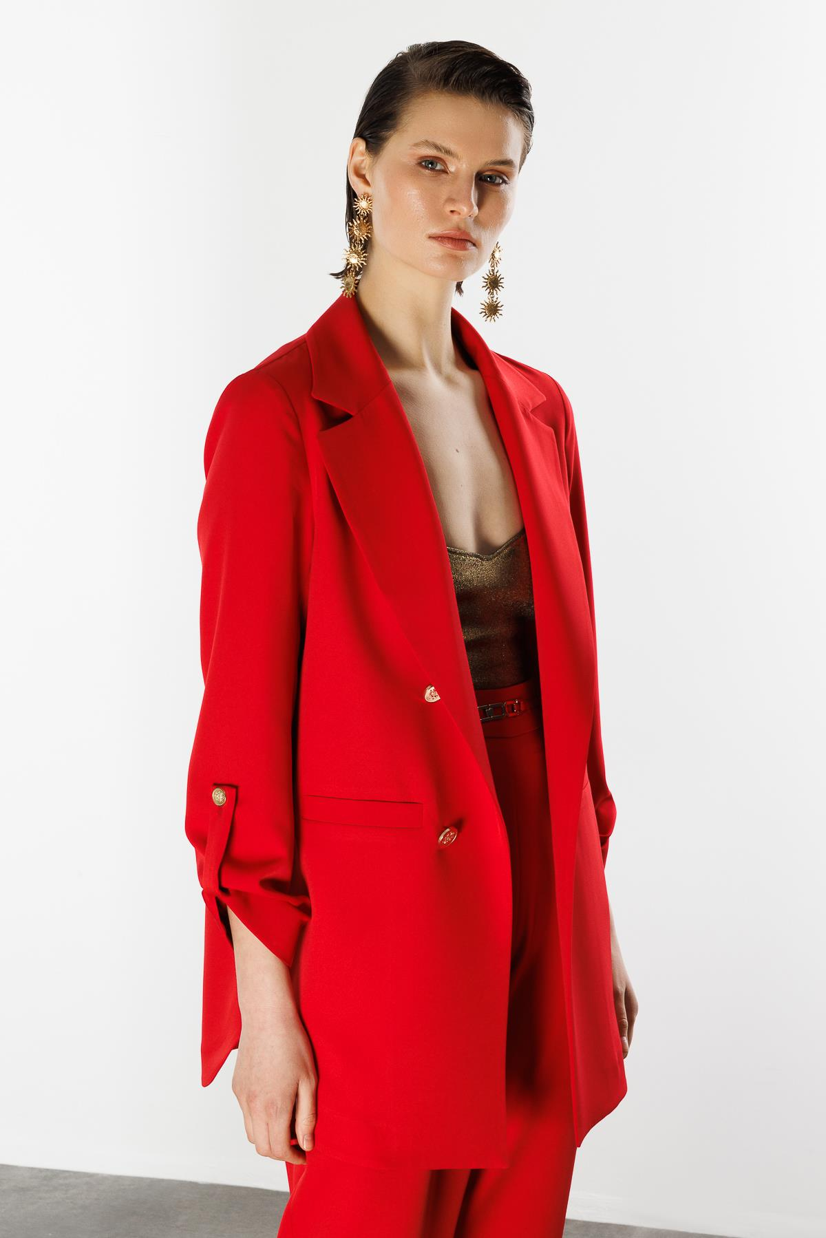 Katlanabilir Kol Detaylı Uzun Ceket-KIRMIZI