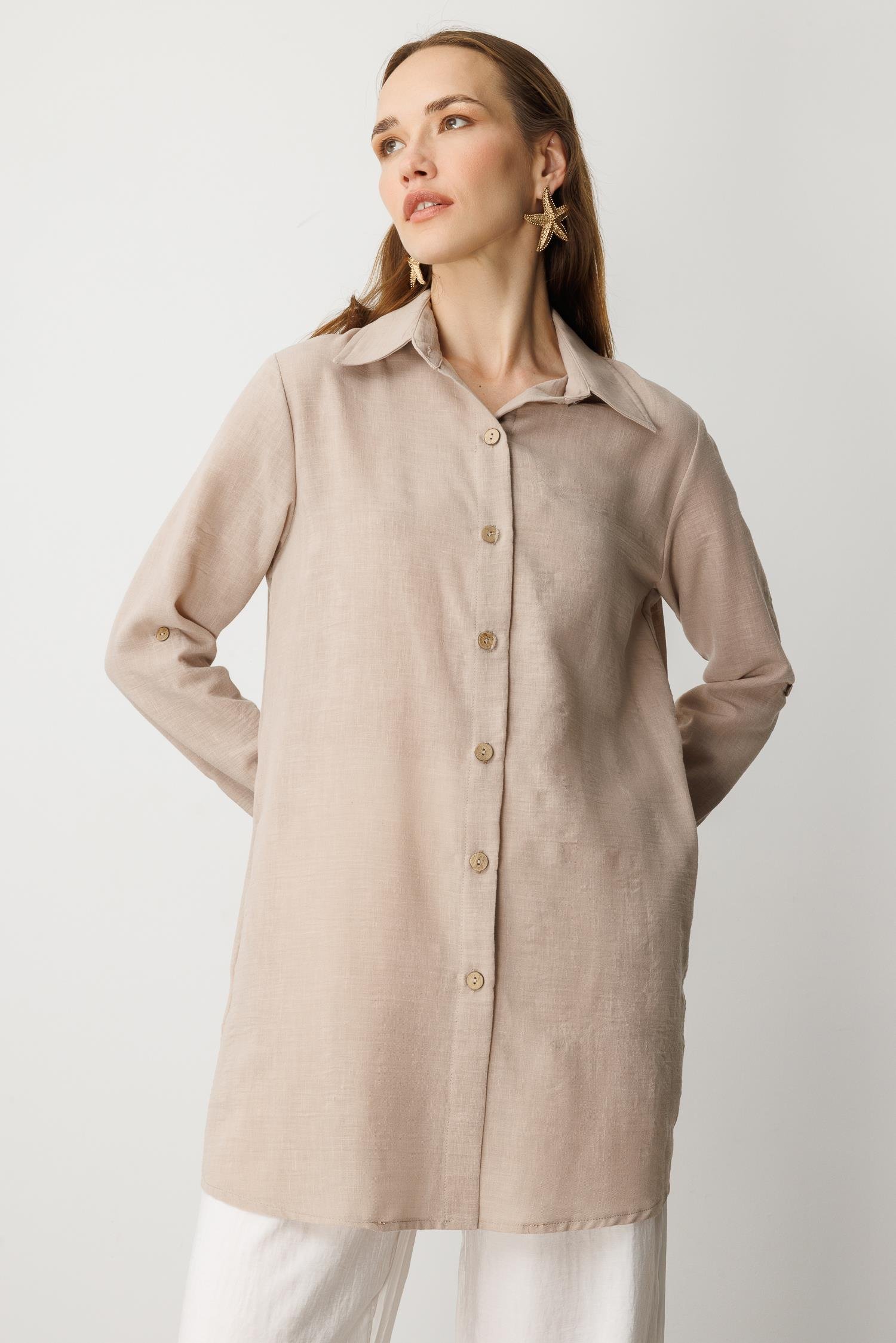 Keten Görünümlü Tunik Gömlek-TAŞ