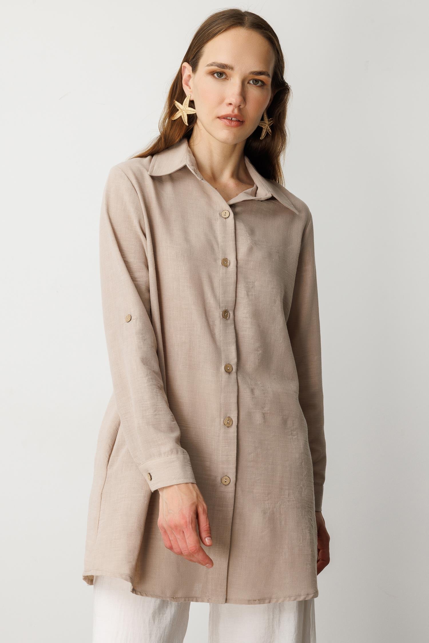 Keten Görünümlü Tunik Gömlek-TAŞ