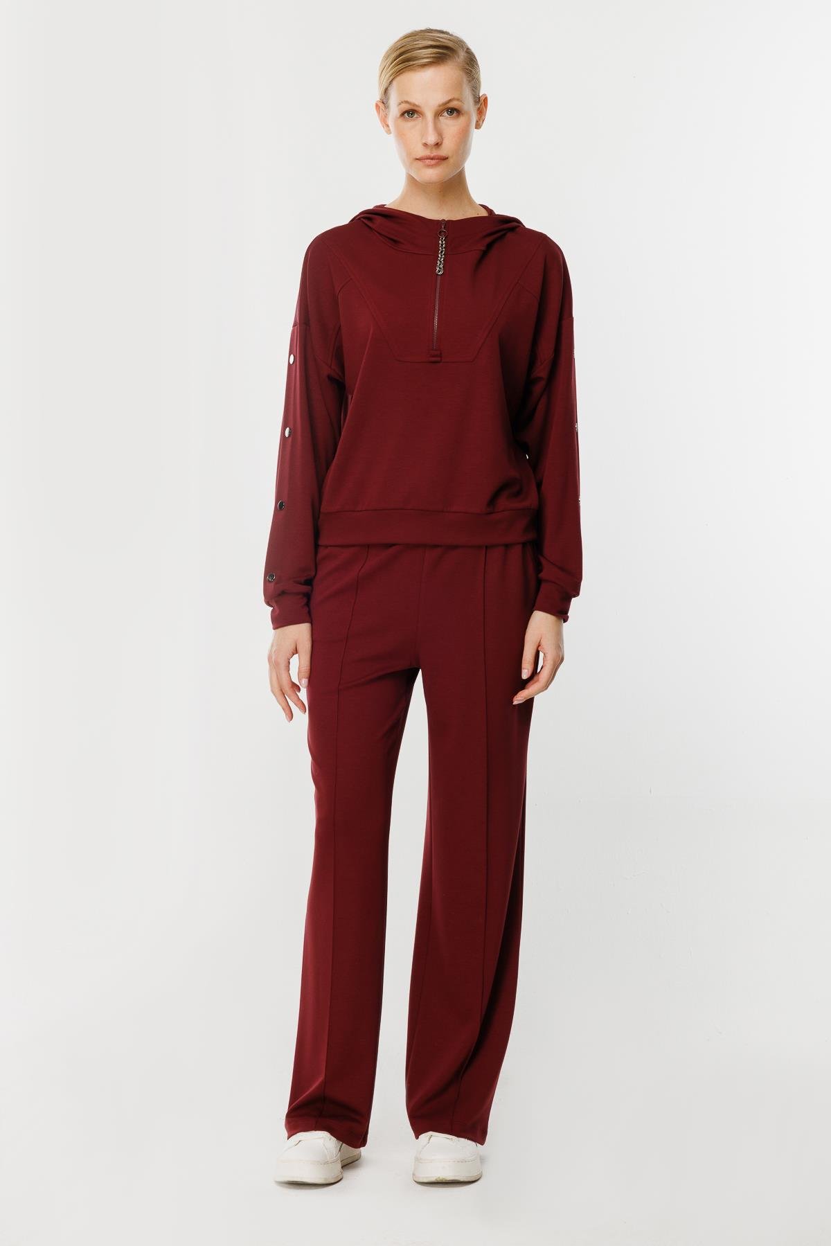 Kolları Düğme Detaylı Sweatshirt-BORDO