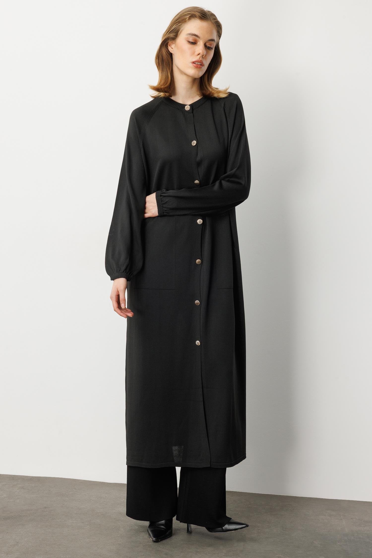 Kolları Lastikli Cep Detay Uzun Hırka-SİYAH