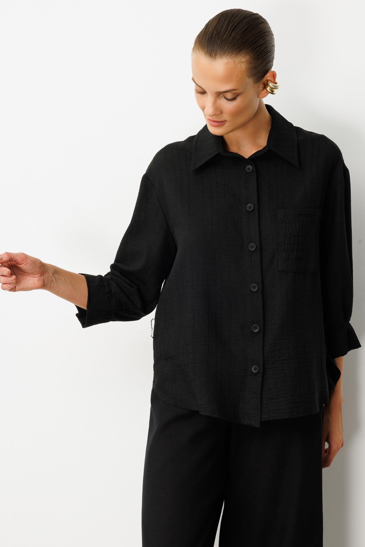 Kolları Pileli Keten Görünüm Gömlek-SİYAH