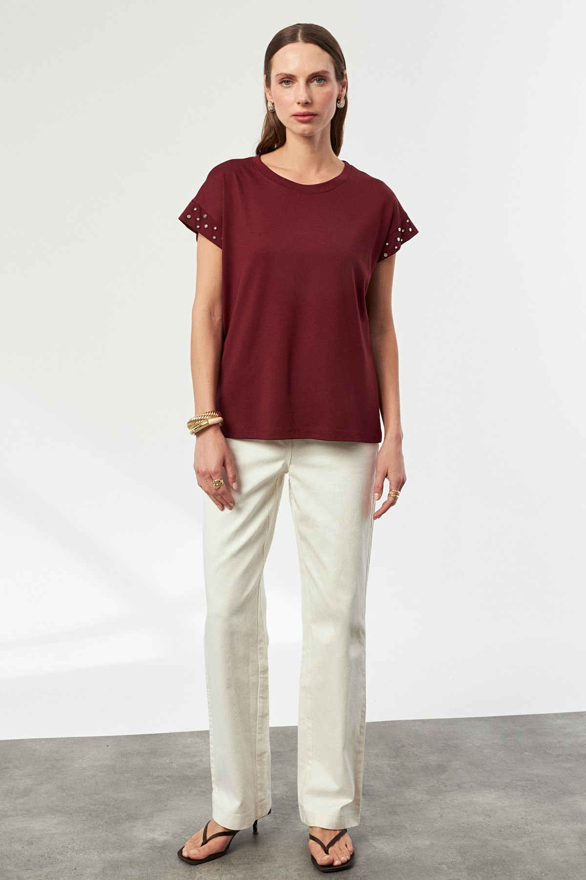Kolları Taş Detaylı Penye Bluz-BORDO
