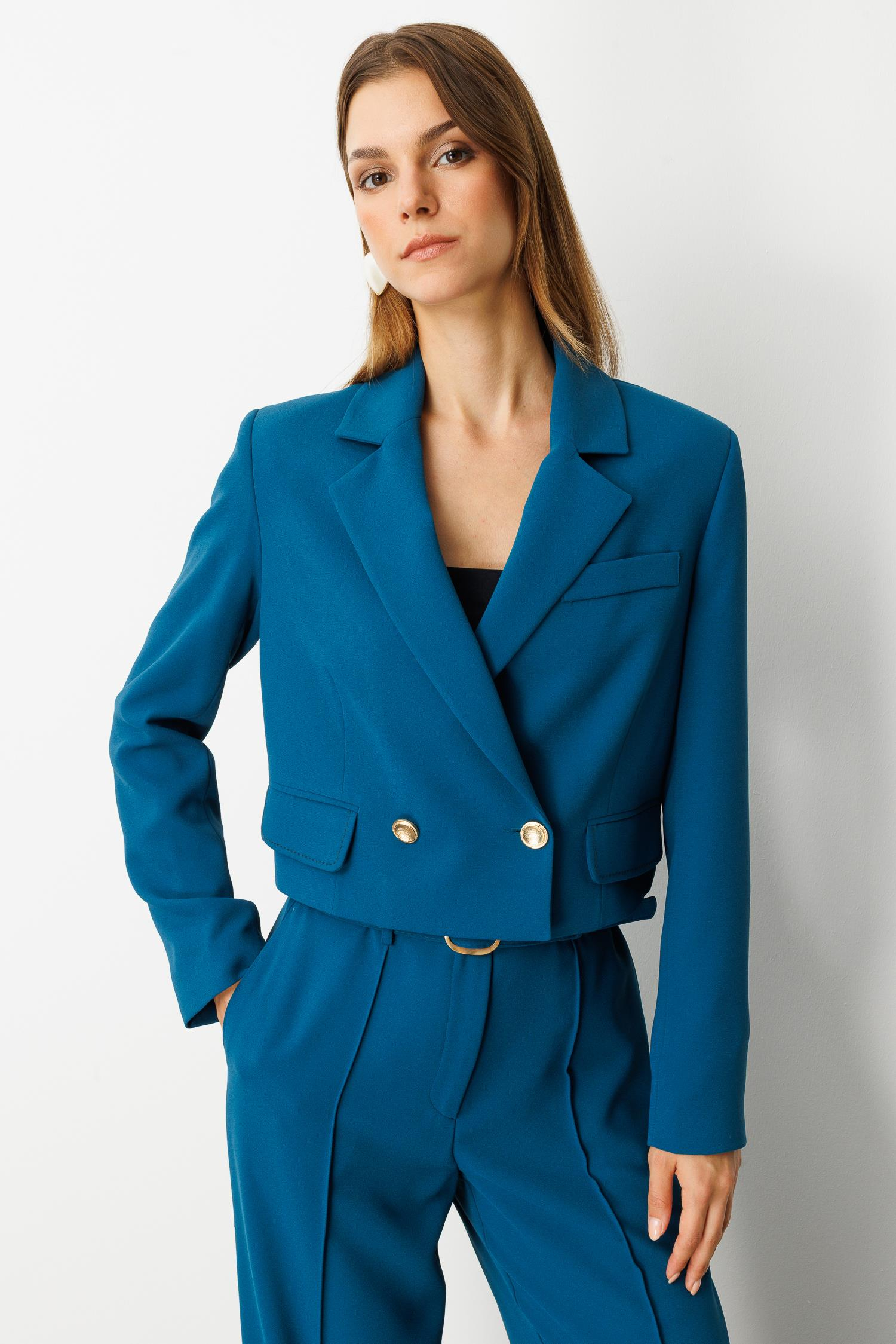 Kruvaze Yaka Kısa Ceket-PETROL