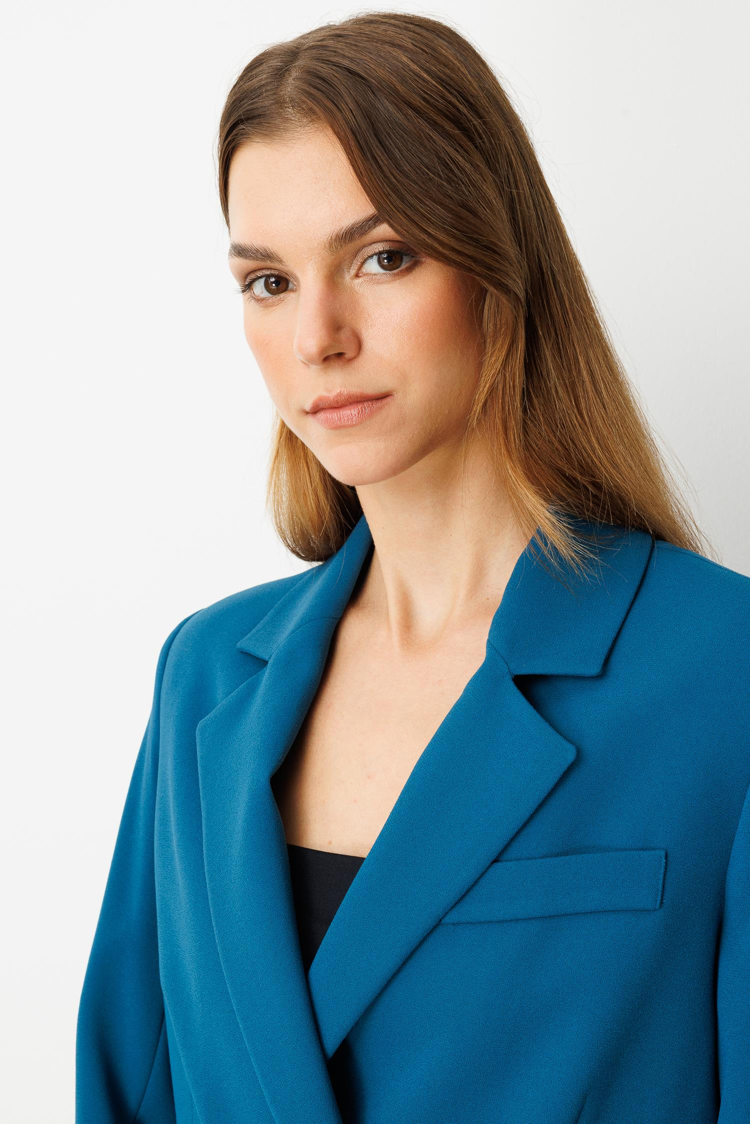 Kruvaze Yaka Kısa Ceket-PETROL